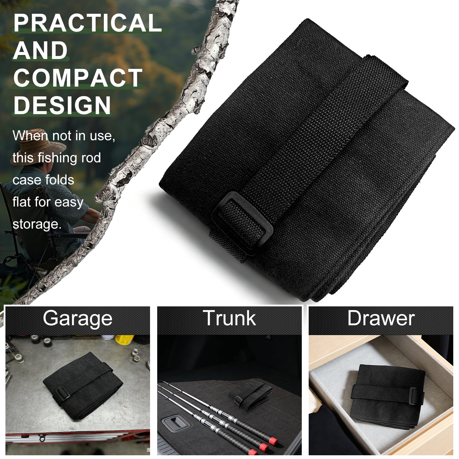 Soporte Cañas de Pescar, Mochila Pesca de Tela 130x13cm, Carretes de Pesca Porta Cañas para 2-3 Cañas, Pesca Accesorios con Correa Ajustable, Carpfishing Funda Transporte, Negro