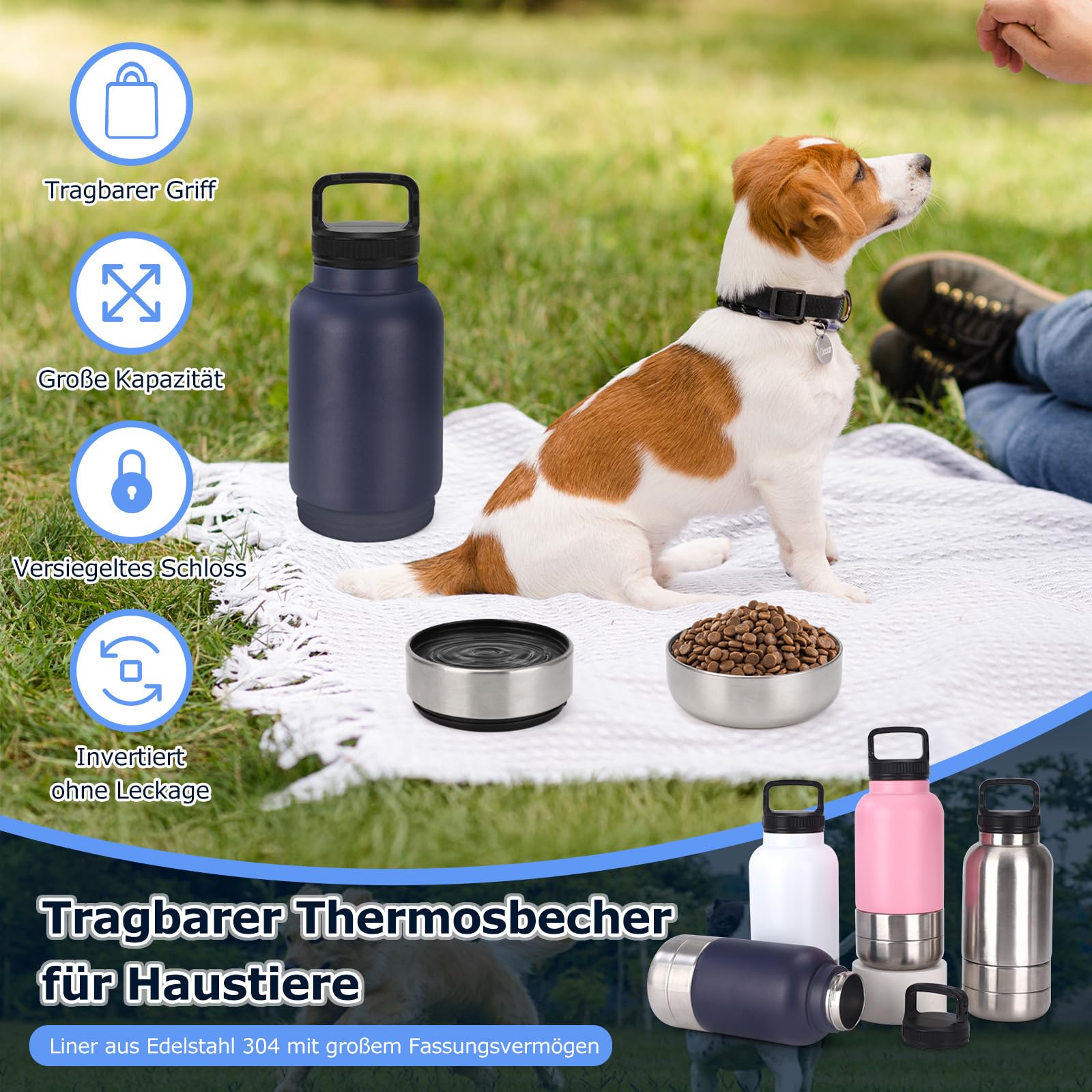 Bottiglia per Cani Isolata, Dispensatore 3in1 in Acciaio Inossidabile – Cierre Anti-Fuoriuscita, 2 Bevederi, Ideale per Viaggi (Nero,1000ml)