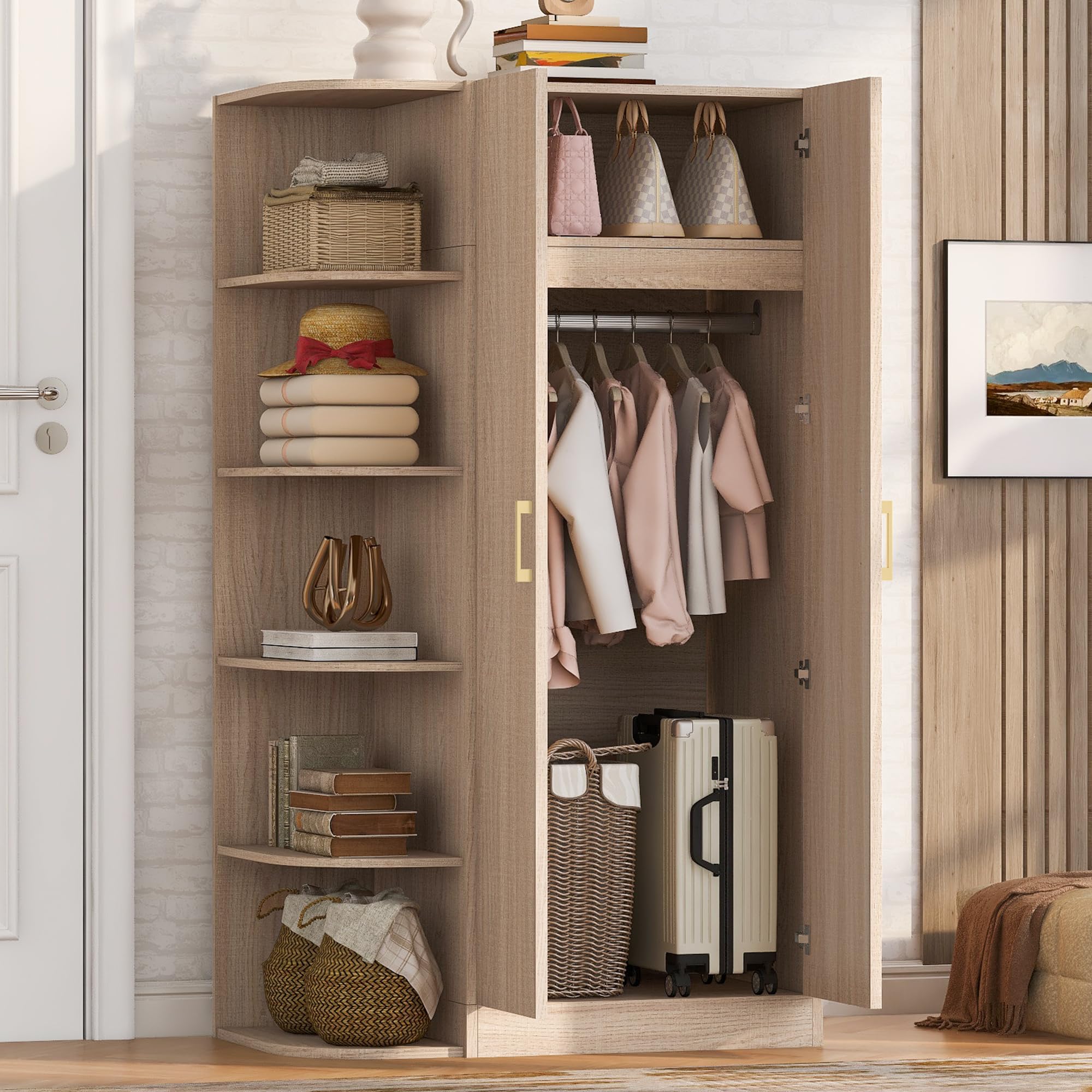 SUKY Armario de 90 x 55 x 175 cm, doble puerta, estantes, cajones, color madera natural