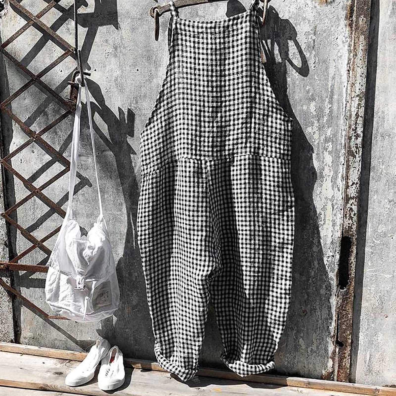 Salopette pour femme en coton et lin, grande taille, vintage, bretelles réglables, sans manches, décontractée, baggy sarouel, jambes larges, barboteuses, grenouillères rayées, amples et respirantes