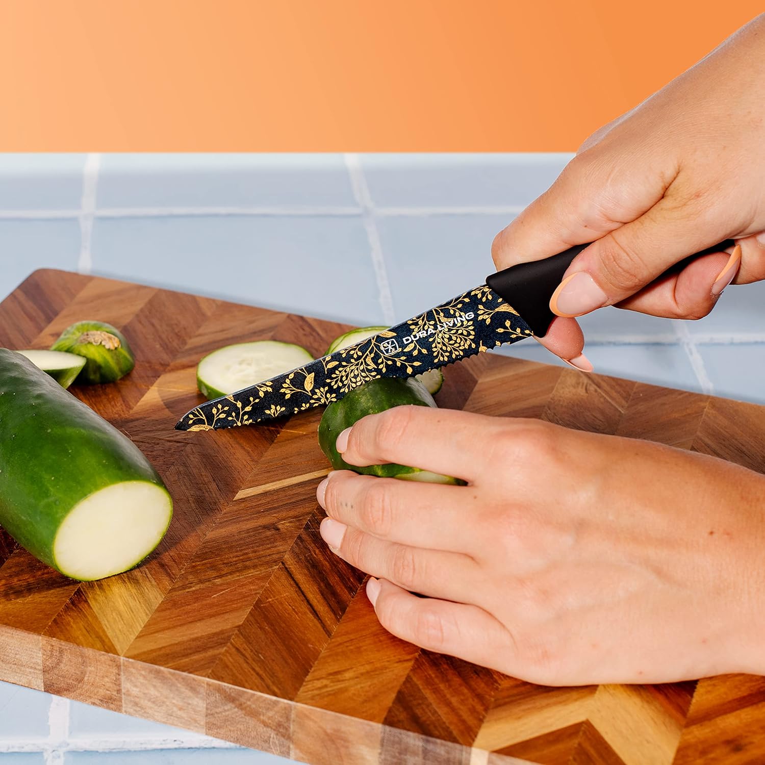 DURA LIVING 3-Piece Marble Kitchen Knife Set - Nonstick Stainless Steel Ultra Sharp 7 Inch Santoku, 5 Inch Utility, 3.5 Inch Paring Cooking Knives With Matching Sheaths