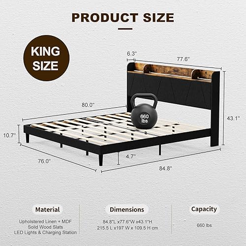 Miniatura 2 de IKIFLY Base de cama King con estación de carga y cabecera de estante de almacenamiento, 2 salidas y 2 puertos USB (1 tipo C), marco de cama LED