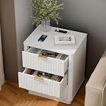 Fluted Nightstand, Curved Night Stand with Charging Station Lighting, Wood End Table with 3 Drawers, Modern Side Table Storage Cabinet for Bedroom Office,(1, White)