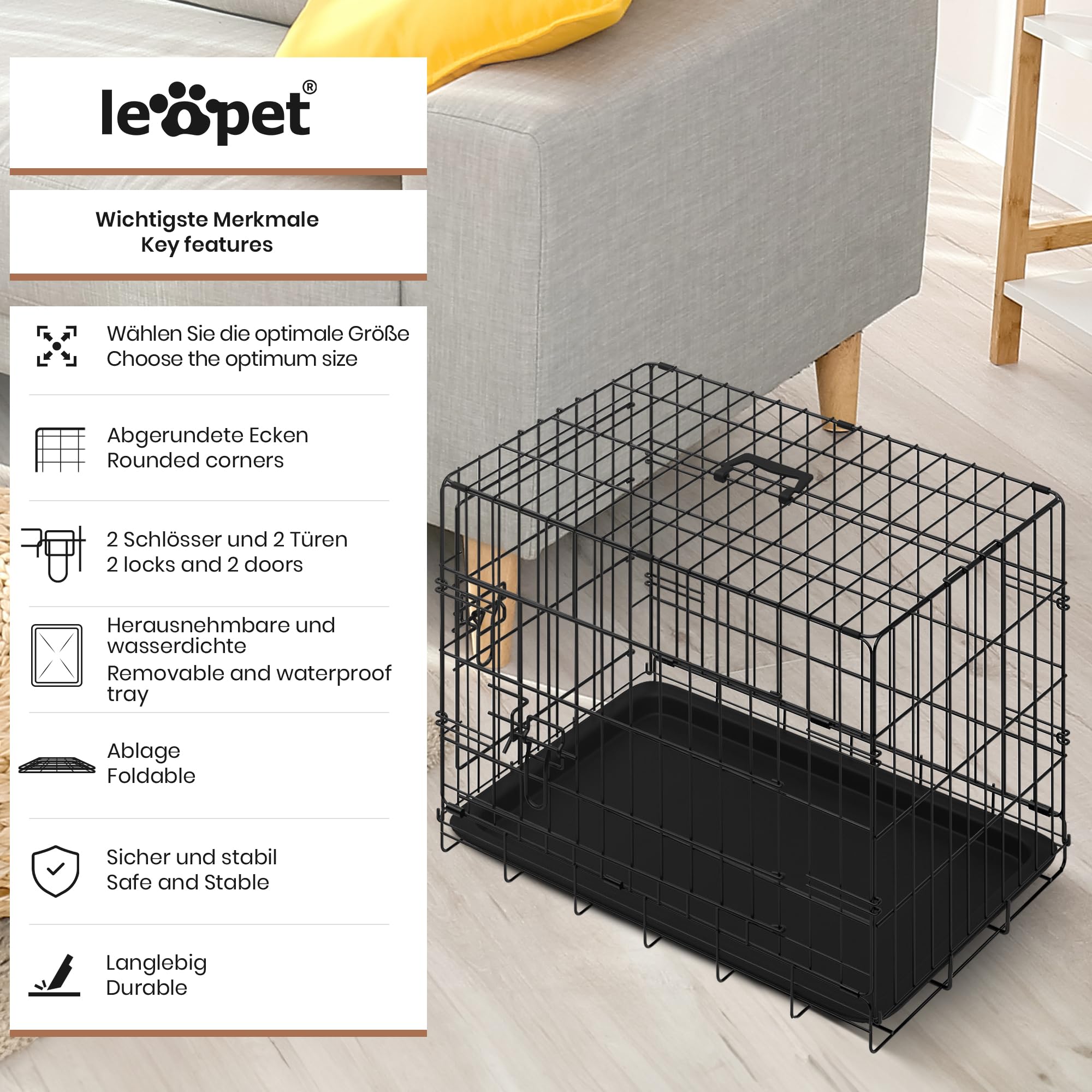 Leopet® Gabbia per Cane - Pieghevole, 2 Porte, in Metallo, Vassoio Rimovibile, Portatile - Trasportino, Scatola, Box da Trasporto, Auto, Macchina per Animali Domestici, Gatti (LxLxA: 91x57x64 cm)