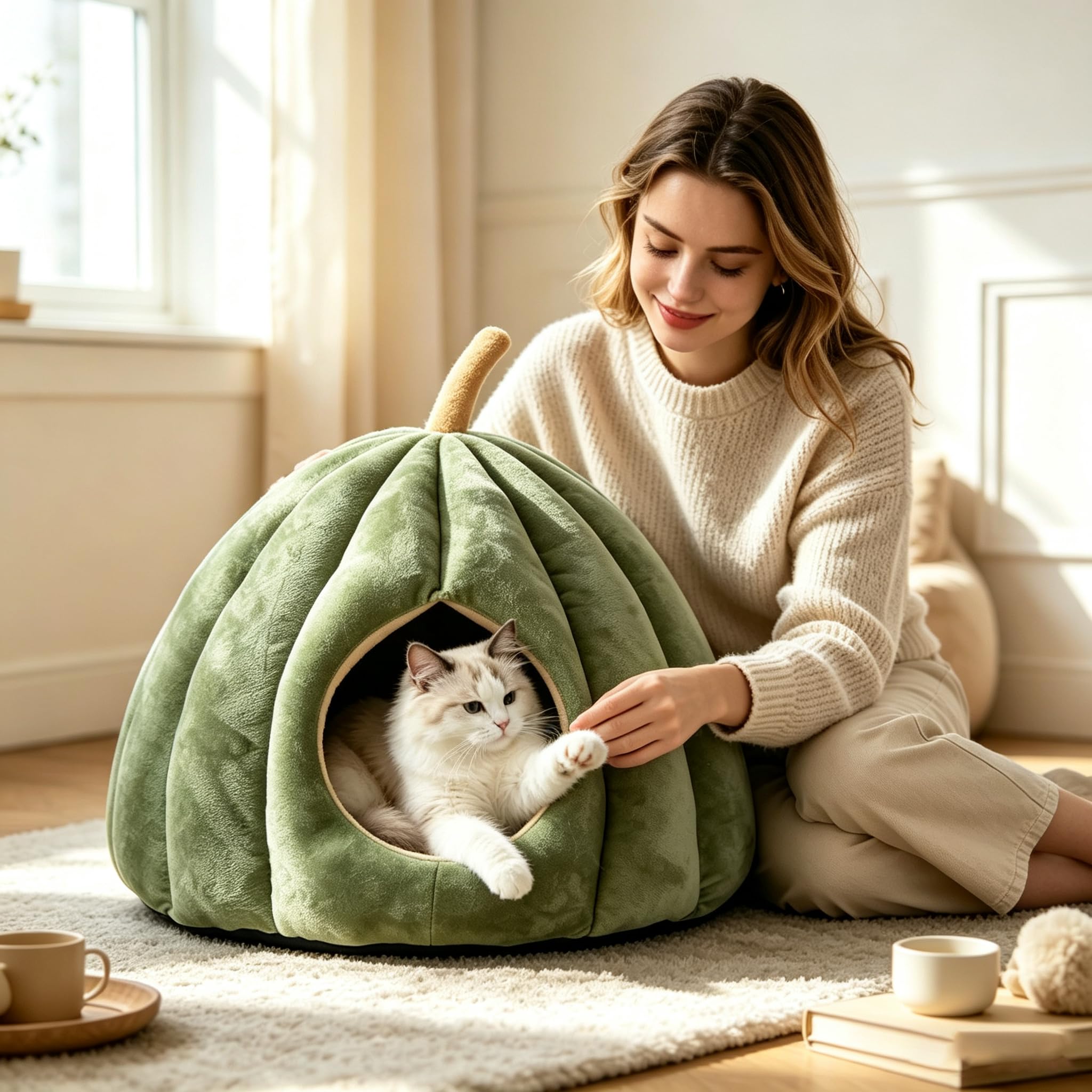 PETCUTE Katzenhöhle Katzenbett für große Katzen,Waschbar Haustierhöhle Katzenkorb für Katzen und Hunde, Hundebett mit Waschbarem Kissen,Warme Katzenhaus Haustierbett mit rutschfeste Unterseite