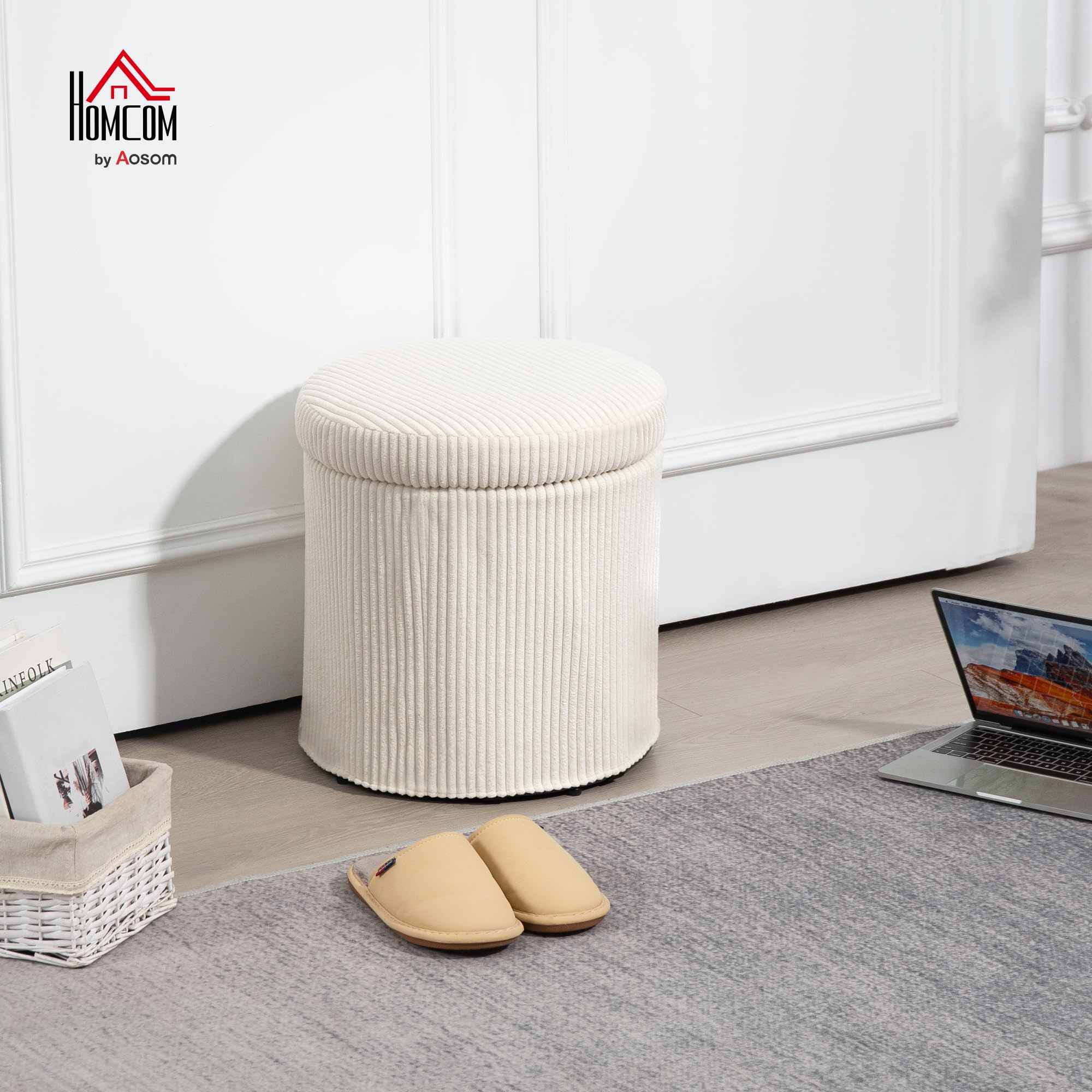 HOMCOM Pouf Rond 40cm en Velours avec Couvercle Pédestal Beige