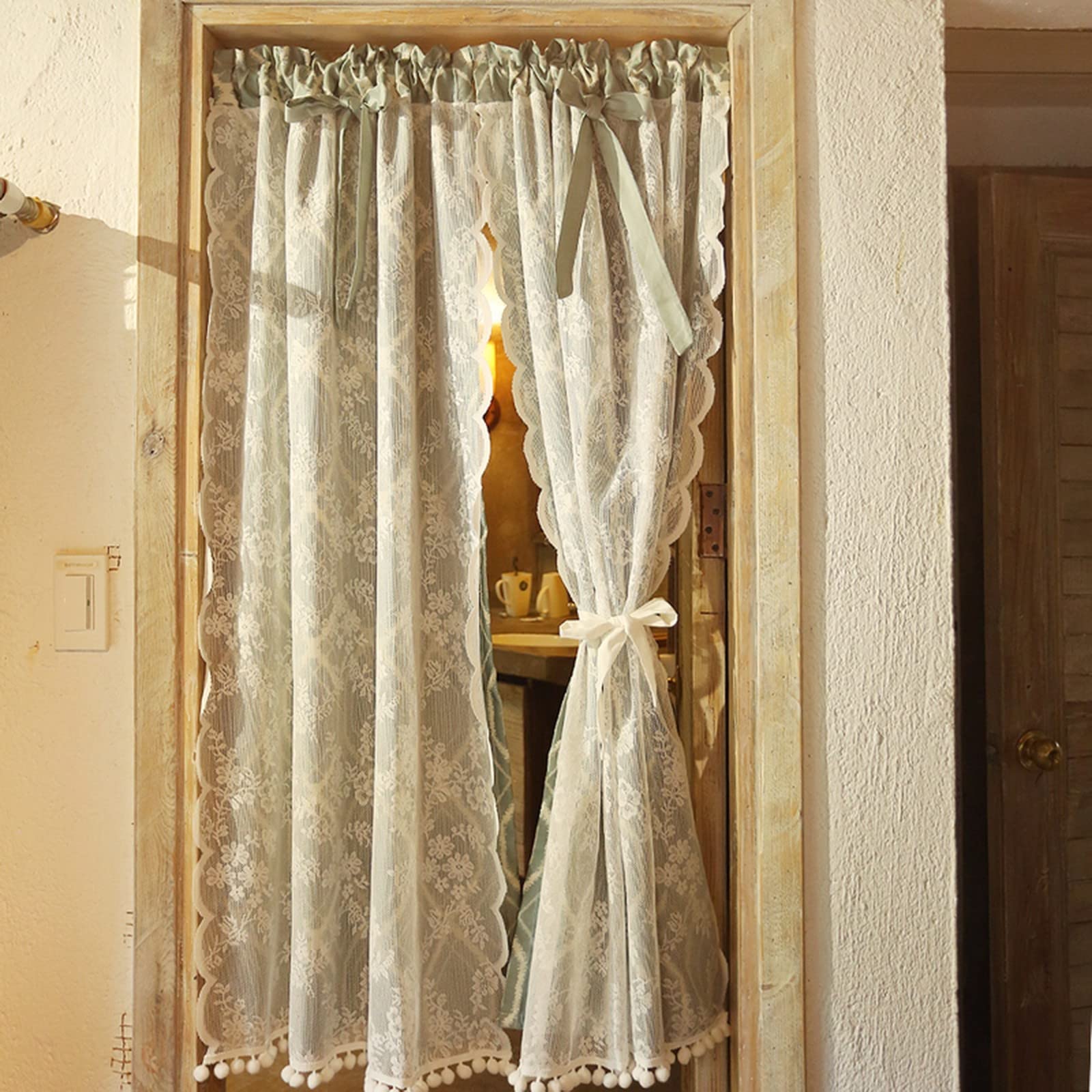 A.Monamour Tenda Corta Piccola 2 Pannelli Oscuranti Verdi A Rombi Geometrici Con Pizzo Floreale Bianco Tendina Tenda da Cucina Bistrot Caffè Mezza Tenda Mantovana Tenda a Vetro a Pannello Tenda Porta
