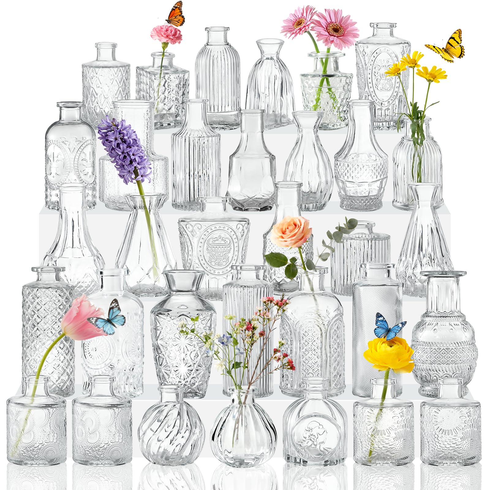 33 Jarrones de Cristal, Jarras Miniatura para Centros de Mesa, Jarrones Pequeñas Transparentes para Flores, Ideal para Decoración de Cumpleaños, Recepción de Boda y Decoración Hogareña