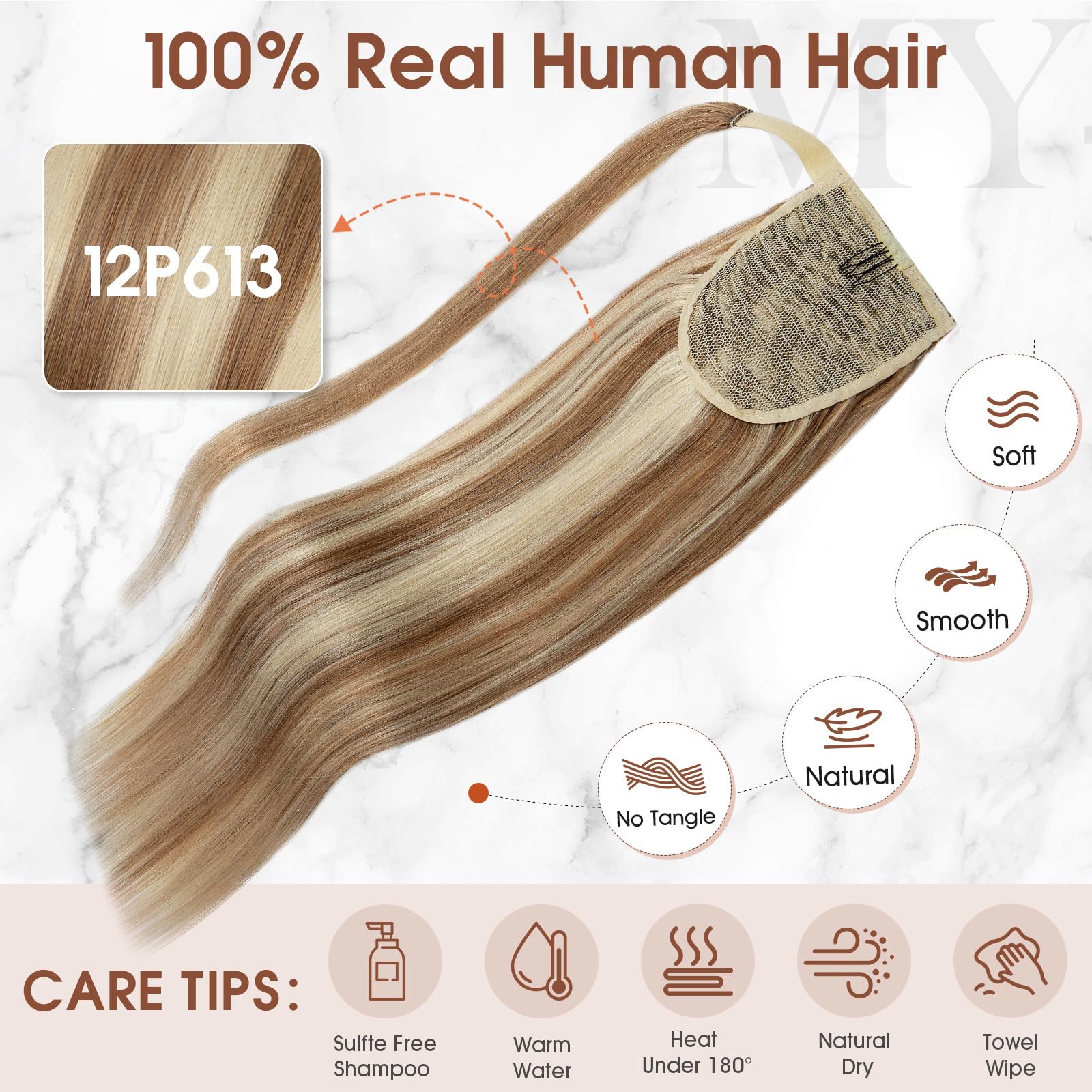 MY-LADY Extension Queue de Cheval Cheveux, 35cm Postiche Queue de Cheval Naturel, Rajout Cheveux Longue Ponytail Lisse Wrap Around #12P613 Brun Doré& Blond 80g