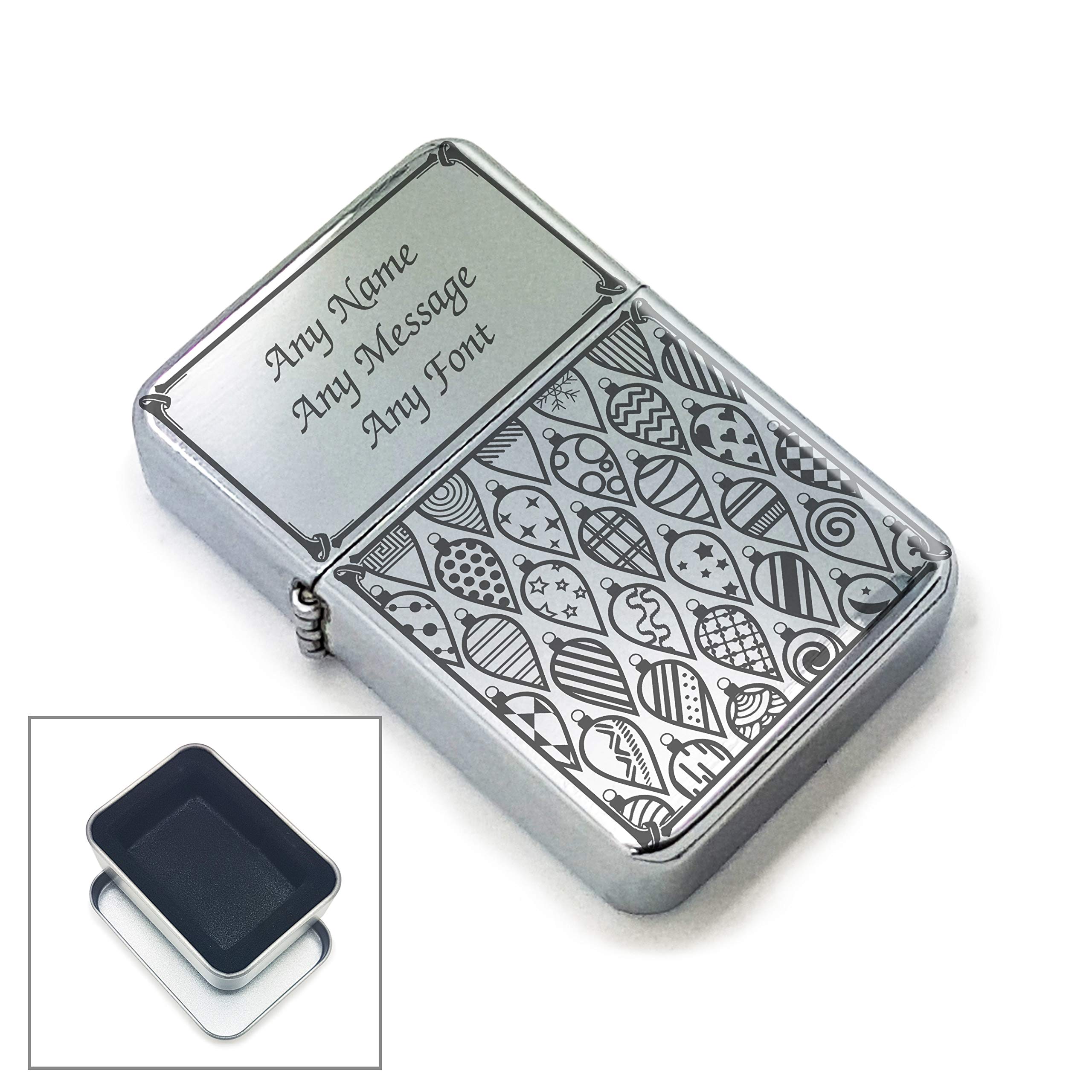 Personalised Engraved Lighter with Christmas Baubles Design, Metal Tin Gift Box, Personalise with Any Message
