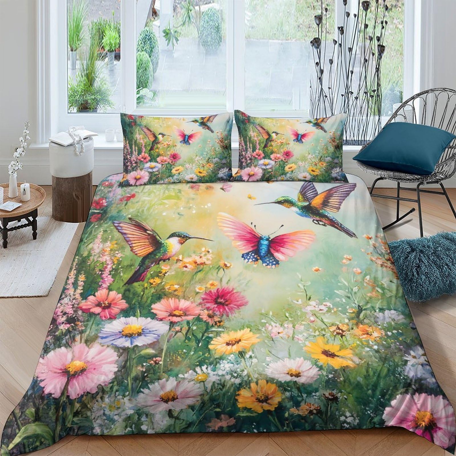 Ctjqhvkz Style-5 3D Printed Hummingbird Floral Fitted Sheet Microfiber Soft Colourful Butterfly Bed Cover For Bedroom Guest Room Décor Single（135X200cm）