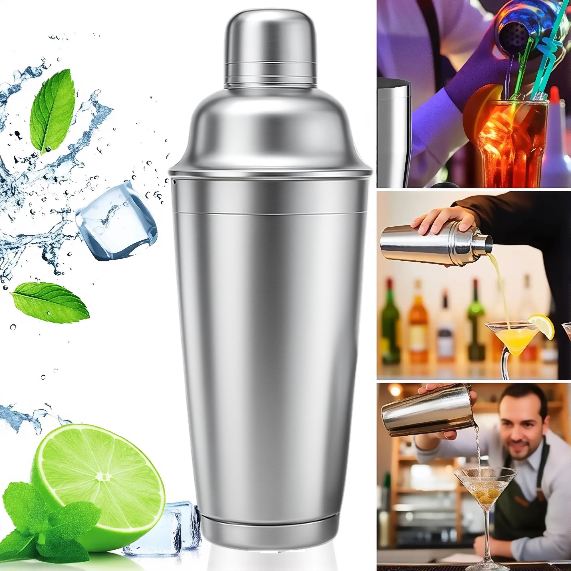 Juego de coctelera, coctelera de martini, 750 ml, colador de coctelería, herramienta de batidora de barman, batidora de licor, coctelera de acero inoxidable para hacer cócteles, 4
