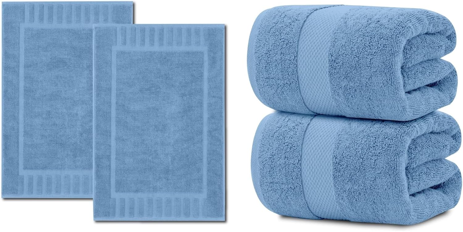 White Classic 2 Luxury Light Blue Bath Mats 22 x 34 and 2 Luxury Bath Sheet Towels 35 x 70 | Cotton, Highly Absorbent and Quick Dry for Hotels, Spa and Bathroom