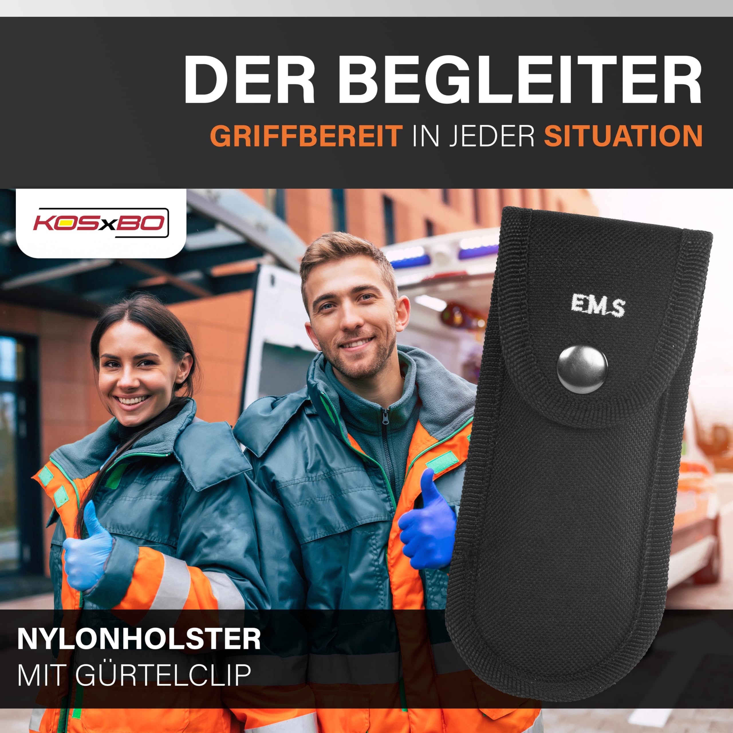 KOSxBO Rescue Knife EMS Rettungsmesser mit Glasbrecher und Gurtschneider inkl. Messertasche und Dog Tag - Messer Taschenmesser Outdoor Messer Klappmesser Survival Camping
