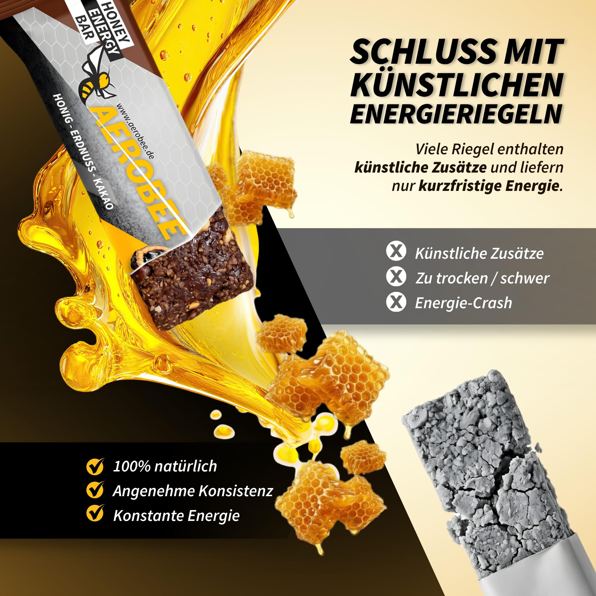 AEROBEE Energieriegel Probierpaket – 2x Honig, Erdnuss & Kakao + 2x Honig & Kaffee (12 mg Koffein) – Haferriegel ohne Zuckerzusatz – Natürlicher Powerriegel für Sport, Wandern & Büro – 4 x 50 g
