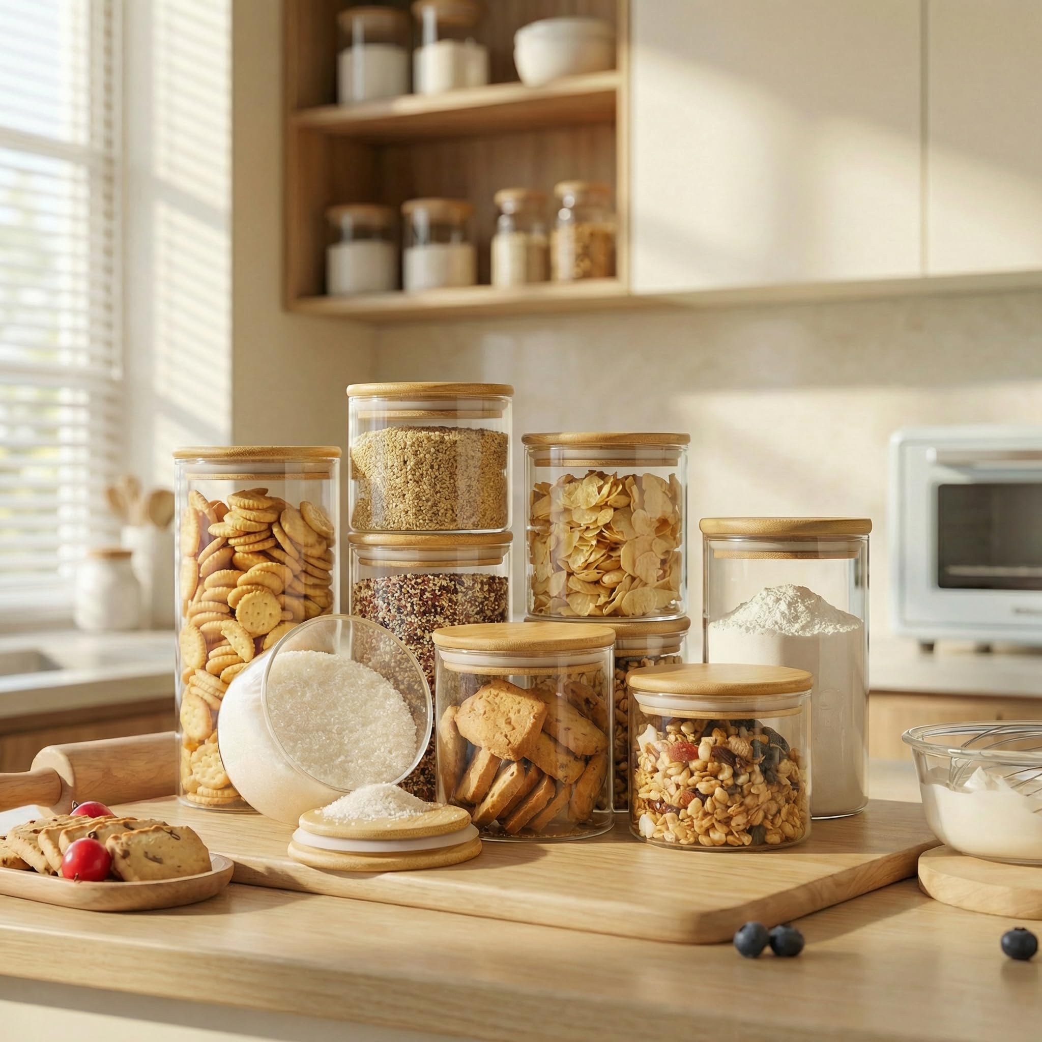 HomArtist Tarros de vidrio con tapas de bambú de 27 onzas líquidas (juego de 6), recipientes de vidrio con tapas herméticas, recipientes de vidrio para almacenamiento de alimentos para café, azúcar,