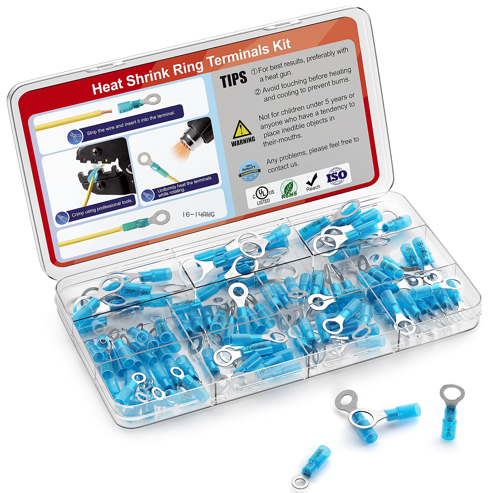 AIRIC 16-14 AWG Heat Shrink Ring Terminals Kit #10, 1/4", 5/16", 3/8", Copper Terminal Connector Ends, Battery Cable Lugs, Blue Electrical Crimp