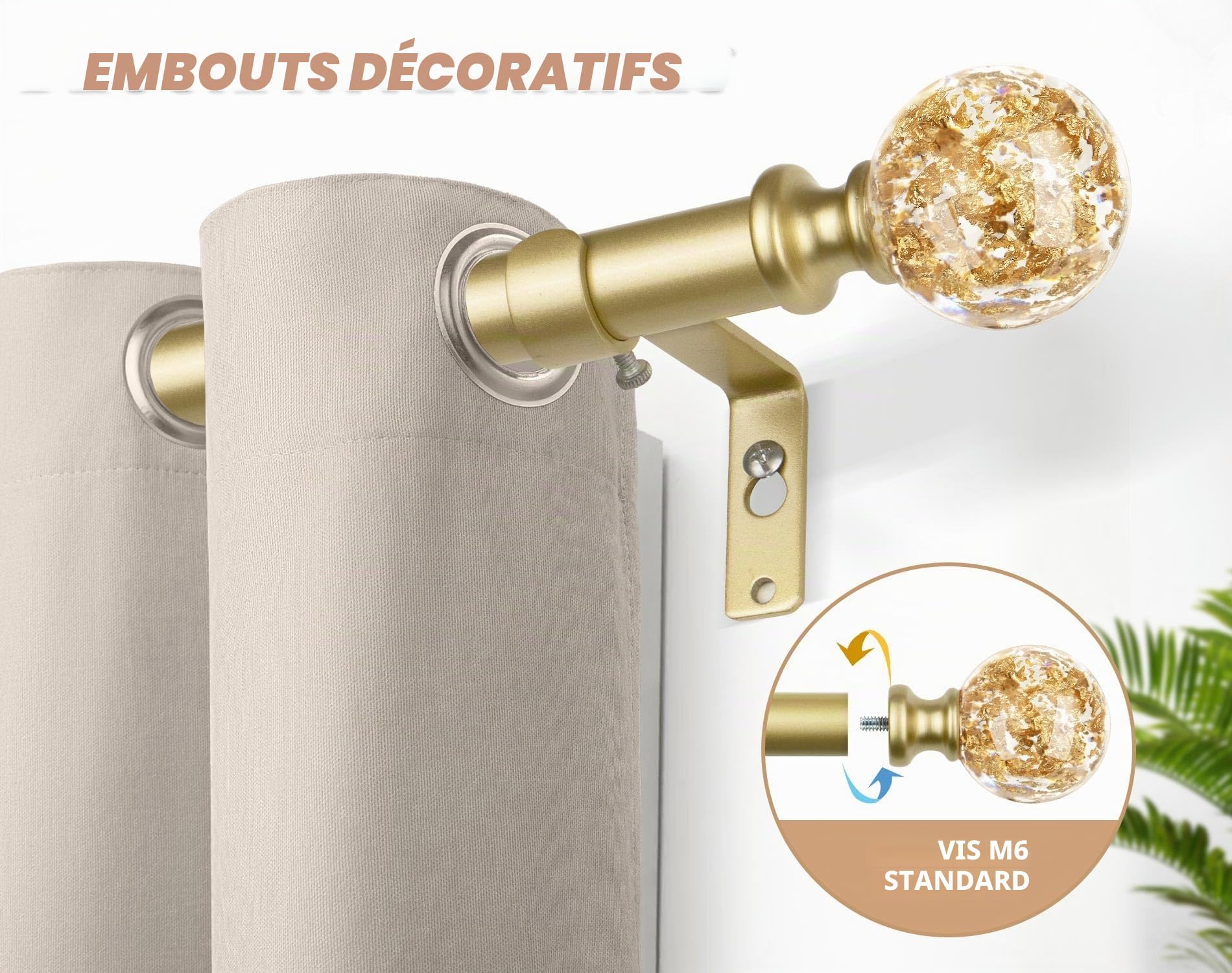 KAMANINA Tringle à Rideaux Extensible 80 à 292cm, Tringle Rideaux Or avec Pommelles en Cristal, Pour Fenetre Balcons Chambres