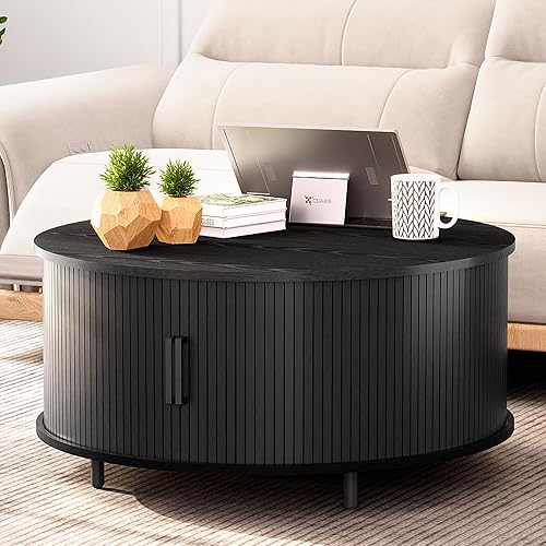 Miniatura 3 de COSIEST Mesa auxiliar redonda con almacenamiento, mesa de centro negra moderna de 31.5 pulgadas con puerta corredera de 360, mesa central de madera