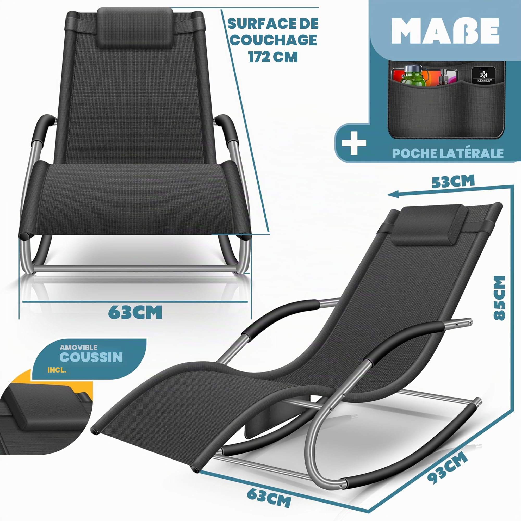 KESSER Chaise de jardin à bascule - Ergonomique - Coussin - Résistant aux intempéries - Charge maximale : 150 kg - Anthracite