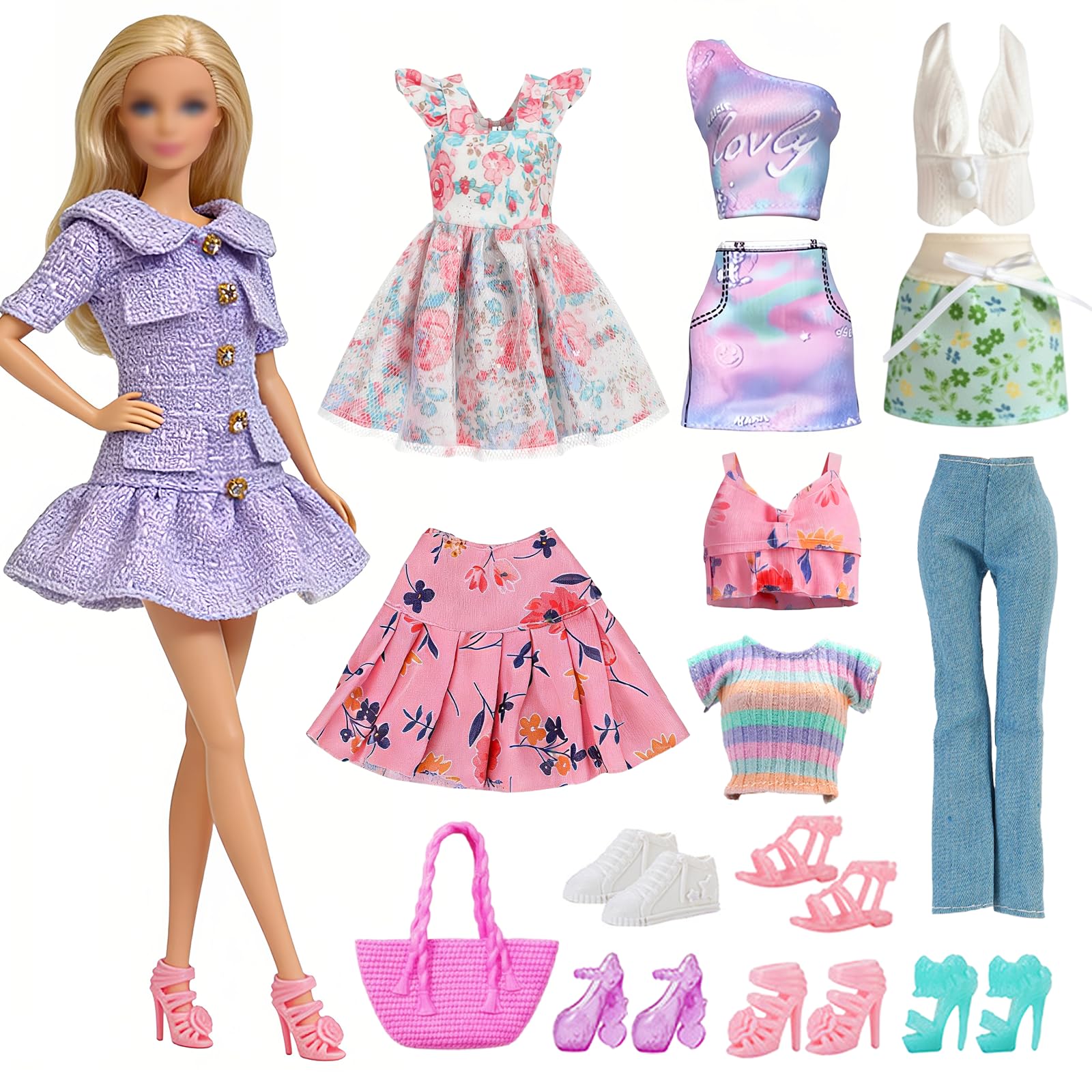 11.5 Inch Girl Dolls Fashion Doll Clothes Compatible with Barbie Doll, 6 Set Doll Clothes Including 2 Dress 2 Half Skirts 3 Tops 1 Trousers 1 Swimsuit 1 Bag 5 Shoes, No Doll