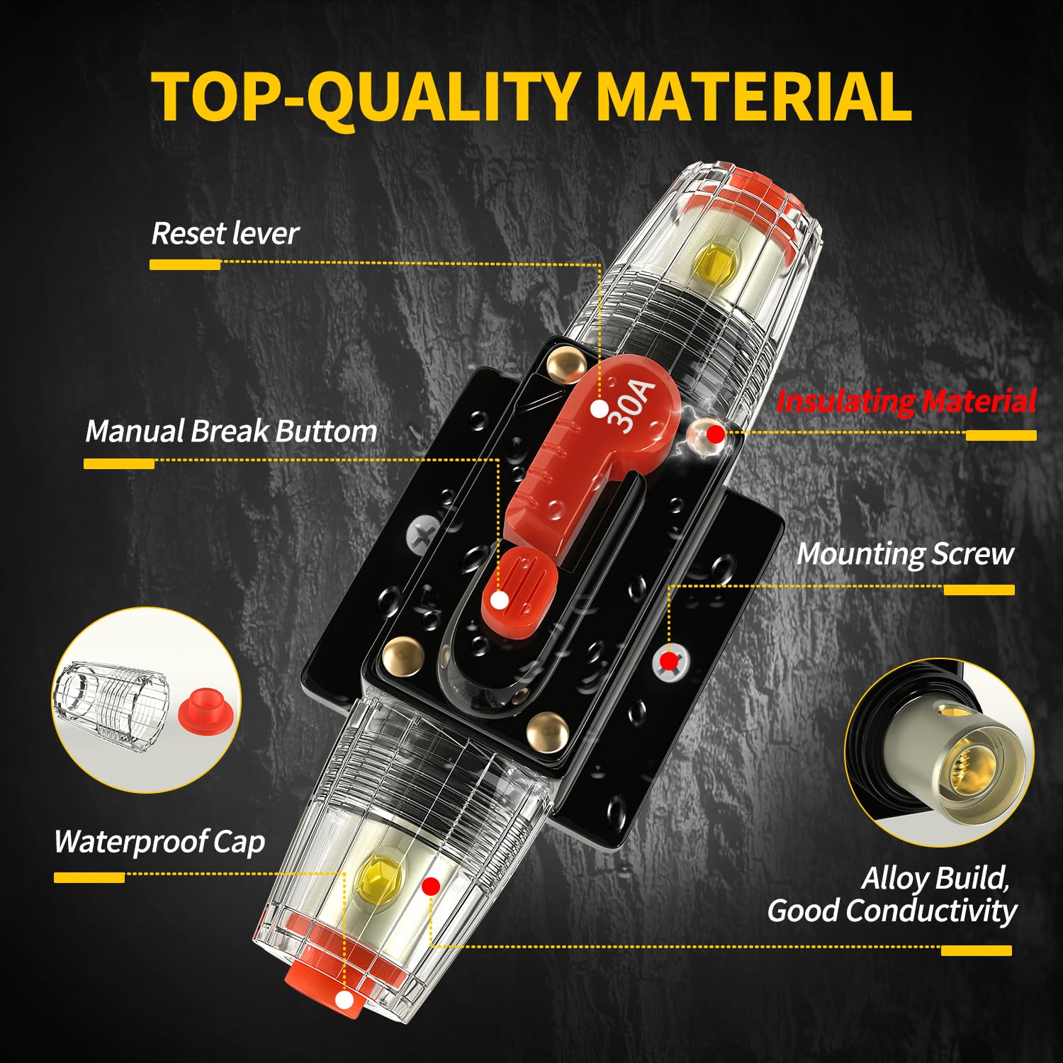 30 Amp Manual Reset Circuit Breaker DC 12-48V Waterproof Inline Fuse Holder, 3-15 AWG Overload Protection for Car Audio Sound Amplifier System RV Marine Boat Truck Solar (Pack of 2) — Amazon image 3