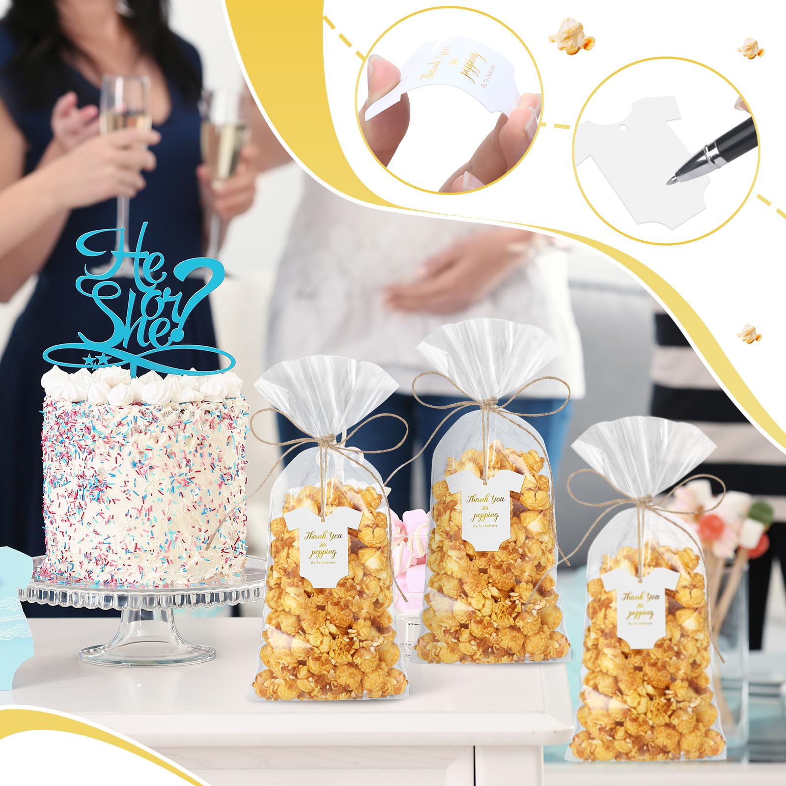 Motiskyy Zestaw 100 papierowych zawieszek z podziękowaniami na baby shower, 4 x 6 cm, dziękuję za przywieszki z jutowym sznurkiem na popcorn, torby na smakołyki na baby shower, przyjęcie urodzinowe