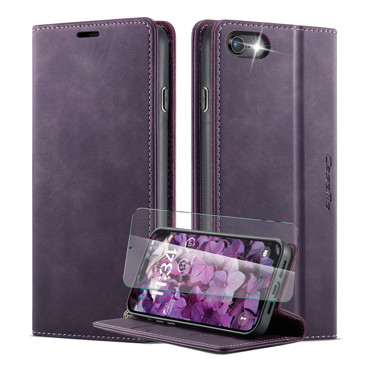 for iPhone SE 2022/SE 2020/iPhone 8/7/6 Case with Screen Protector, Leather Wallet Cover, Book Flip Folio with Kickstand, RFID Blocking, Magnetic Closure, Cover with Card Holder (Purple)