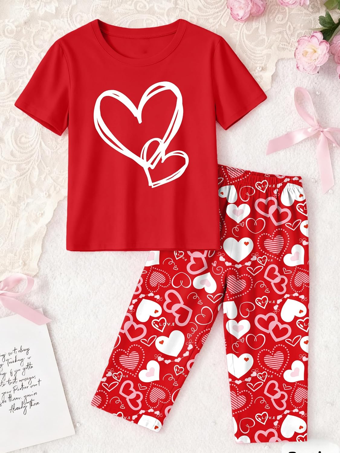 LHBNK Valentines Pajamas for Women: Valentines Pj Sets Short Sleeve Sleepwear Tops With Capri Pants Pajamas Set - Image 6