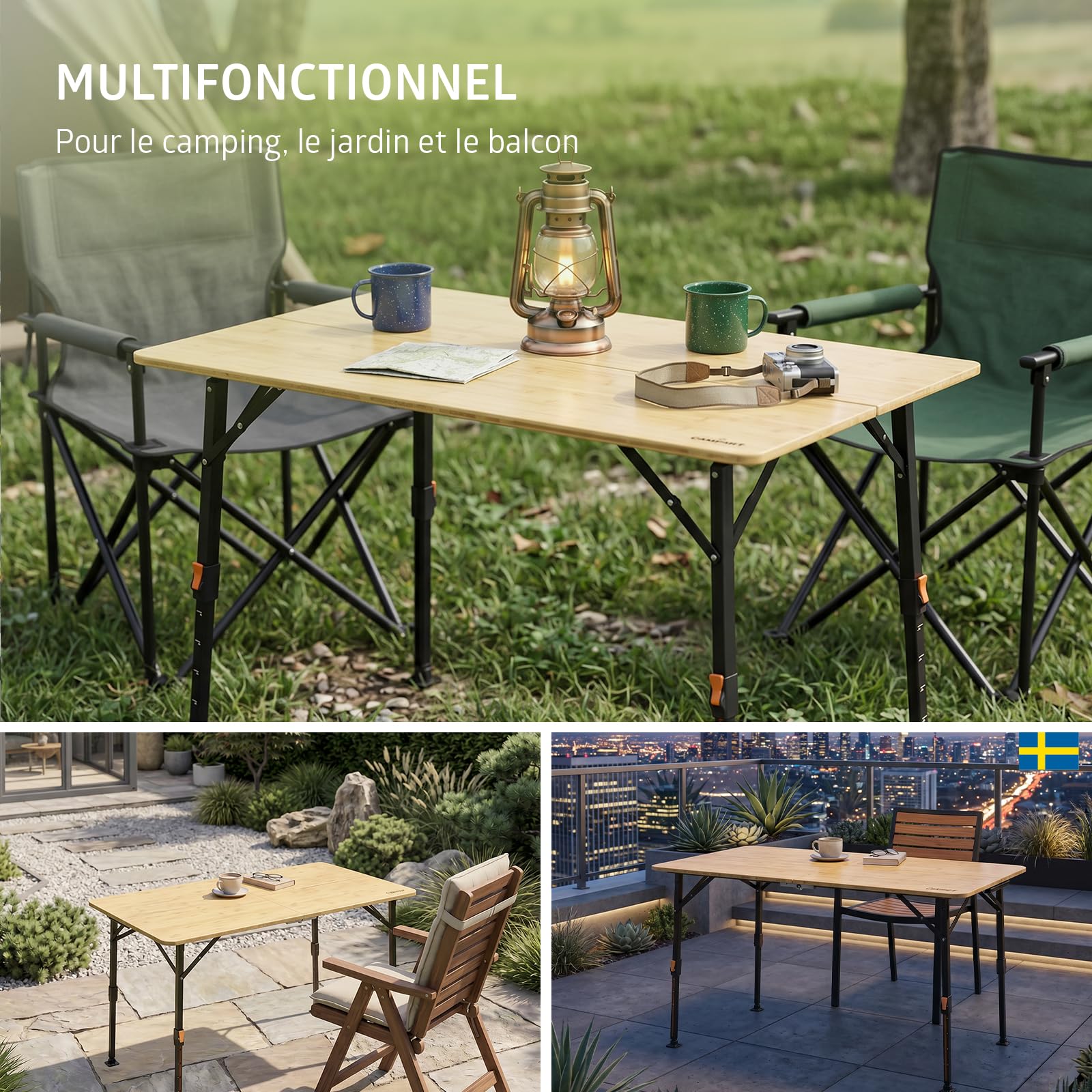 Campout Table de Camping Pliante 120 x 70 x 70 cm – Table Pliante Extérieur Réglable pour 6 Personnes – Poignée Intégrée – Bambou