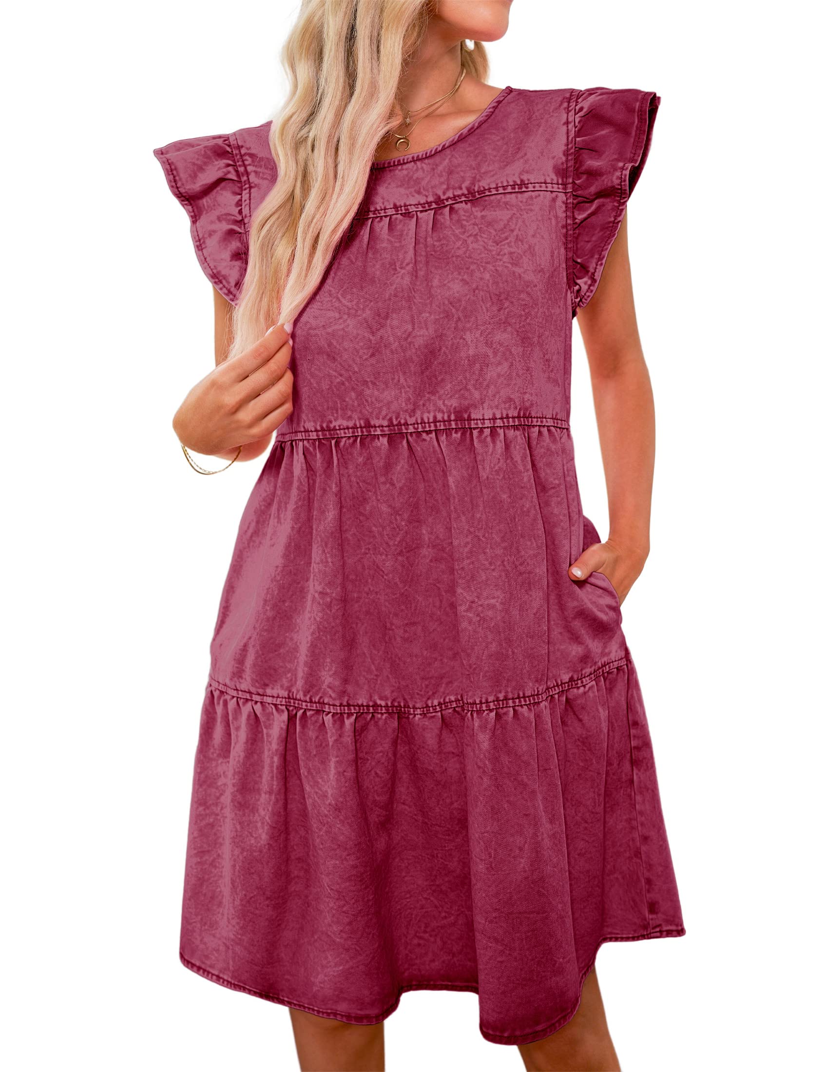 luvamia 2025 Denim Dress for Women Summer Babydoll Sleeveless Ruffle Sleeve Mini Dresses Loose Flowy Swing Pleated Dress