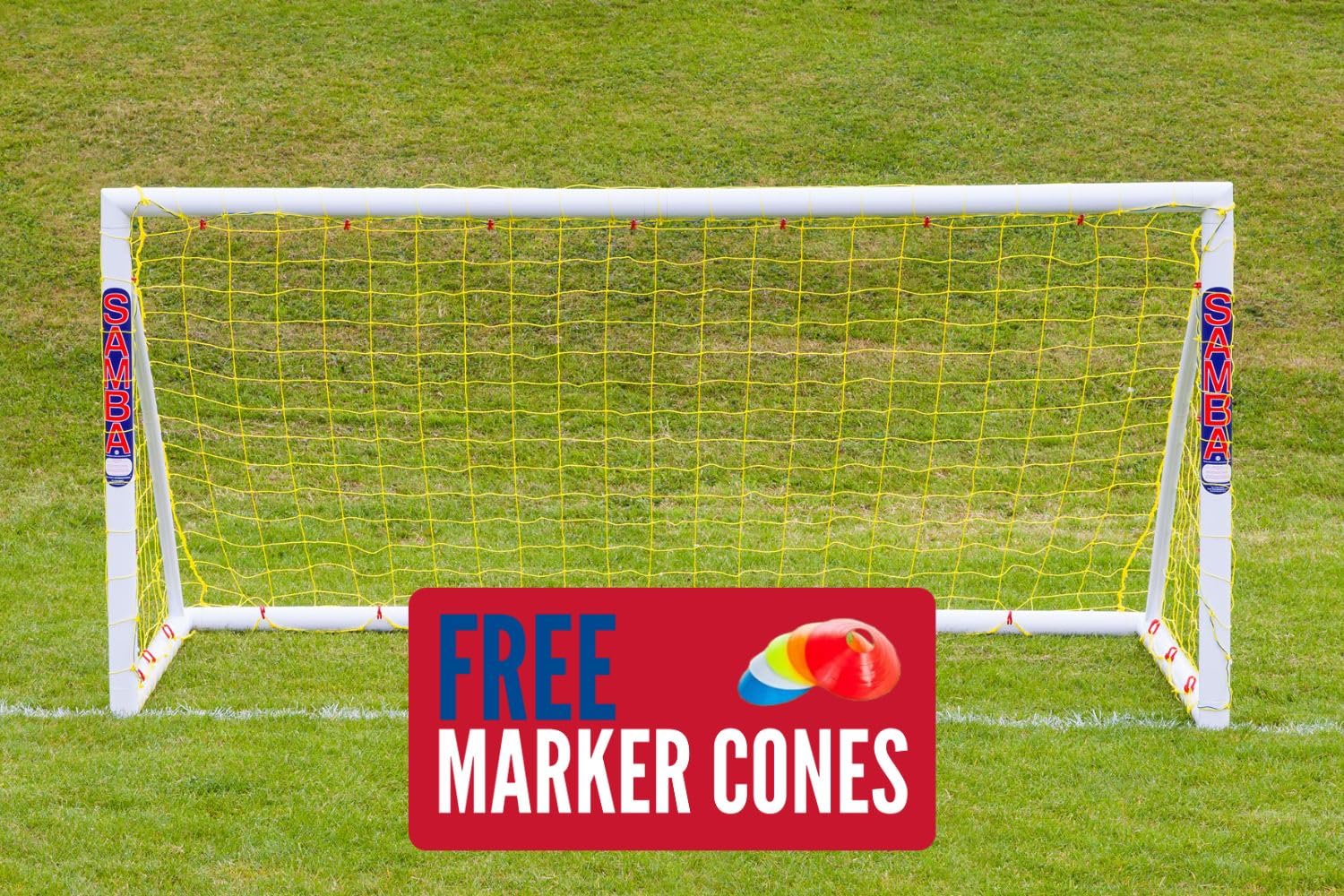 Samba 8x4ft Football Goal - All Weather uPVC Training Goal Posts - Portable 5-a-side FA Approved Net & 5 Marker Cones