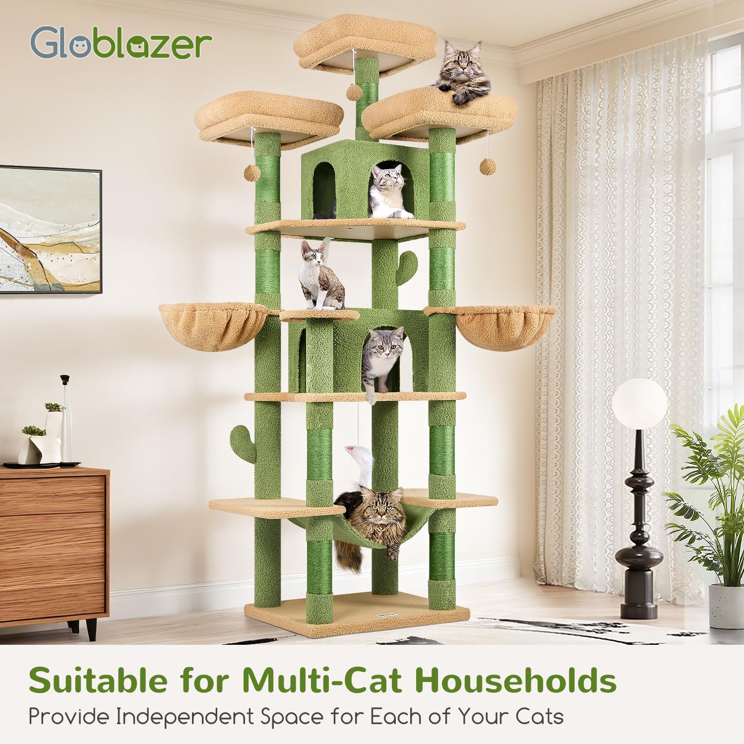 Globlazer Big Cactus Cat Tower for Indoor Cats, 80inch Cat Tower for Multiple Adult Cats XXL Cat Tree with Scratching Post, Hammock, 3 Perches, 2 Condos, 2 Hanging Basket, F80, Green