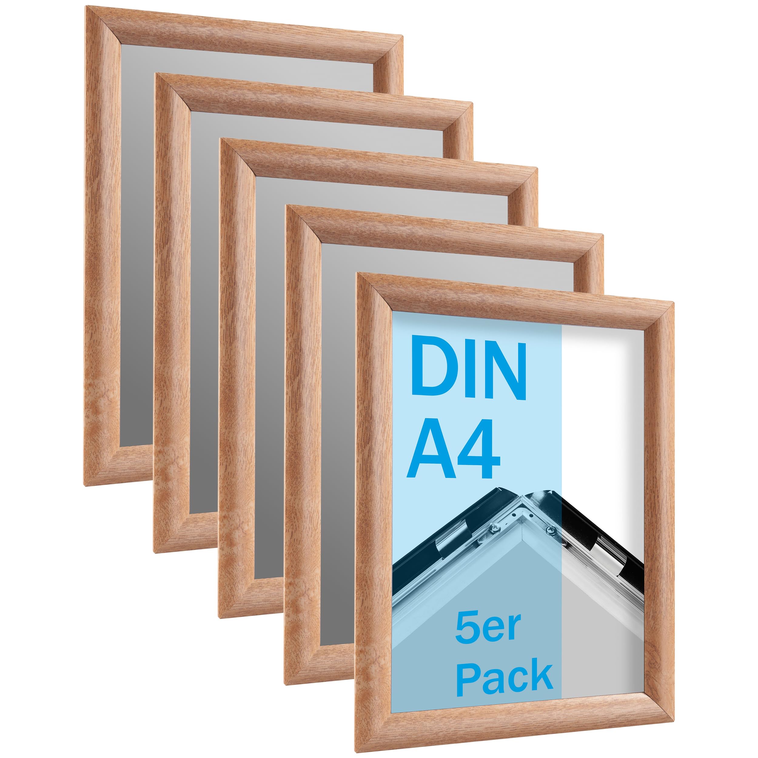 SPRINTIS Klapprahmen A4 aus Aluminium, Rahmen in heller Holzoptik, 5 Stück Plakatrahmen mit 2,5 cm Rahmenbreite, inkl. UV-Schutzfolie & Befestigungsmaterial