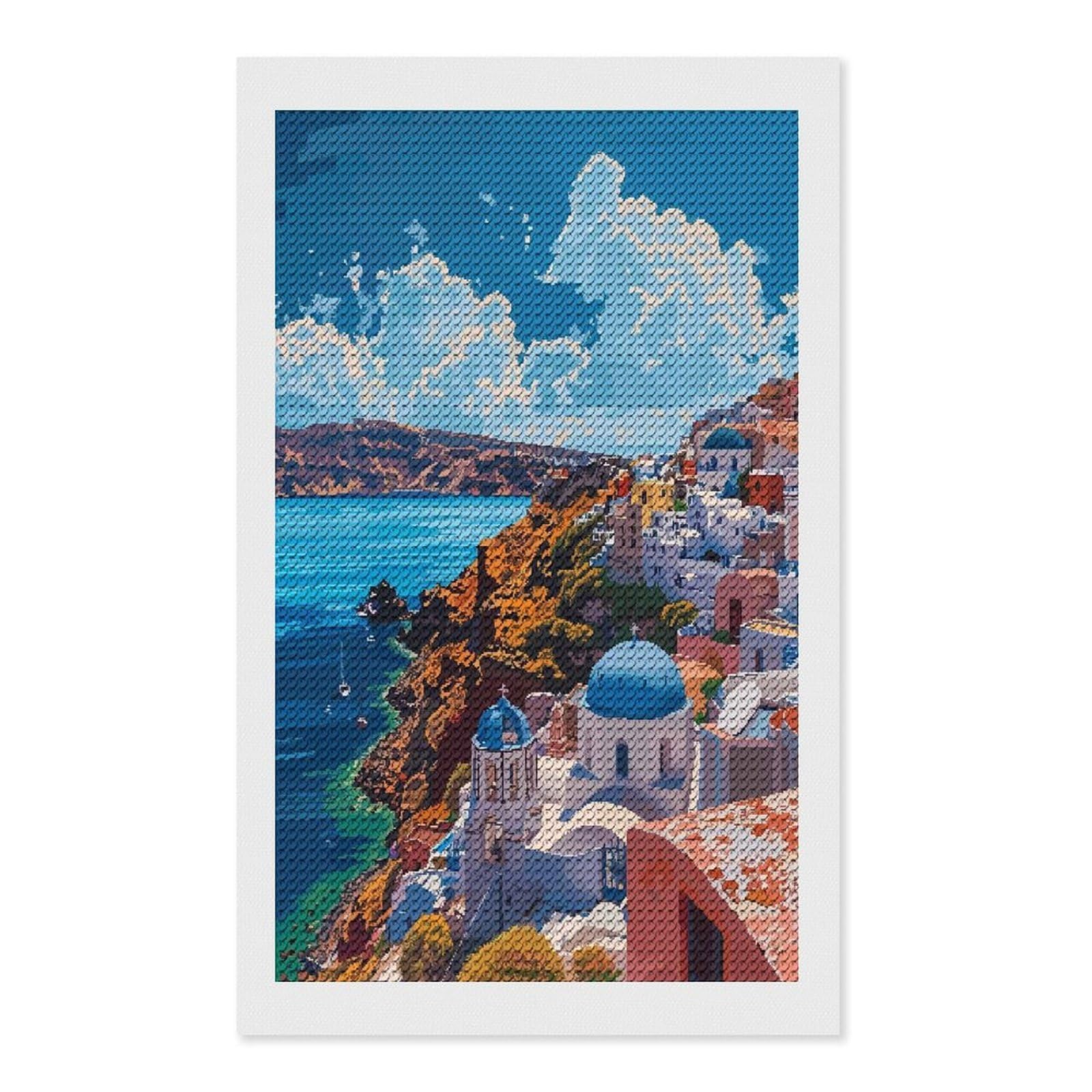 Junmoney Greek Santorini Art Retro DIY Diamond Art Canvas Kit 12"x20", for Teens, Finish and Display, Holiday Gift Idea, Vintage Style Decor