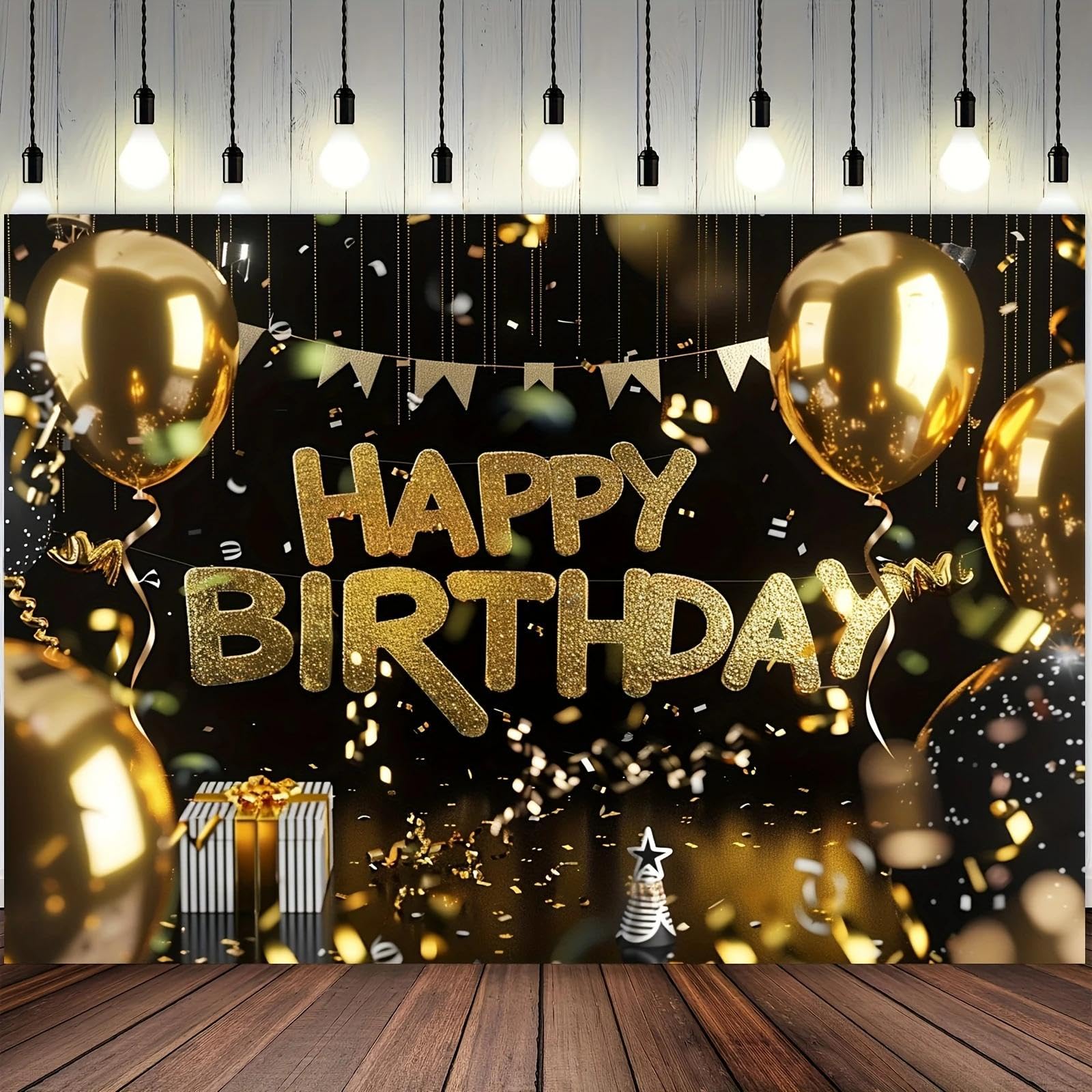 Balony banerowe Happy Birthday i tło z konfetti w odcieniach czarnego złota