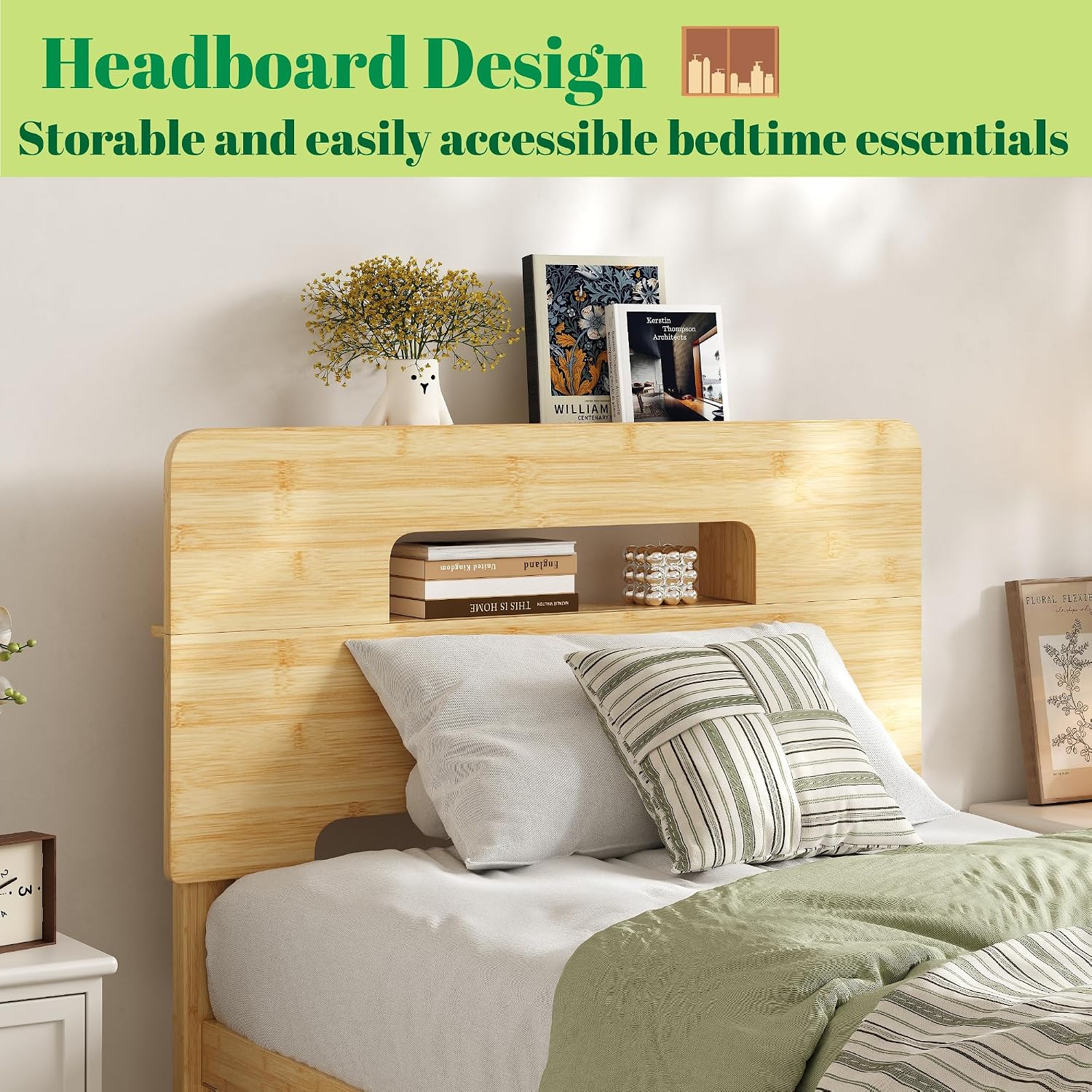 Askeld Wood Twin XL Bed Frame with Storage Shelf Headboard, 12 Inch High Bamboo Platform Bed No Box Spring Needed, Mid-Century Heavy Duty Bedframe, Easy Assembly, Noise Free