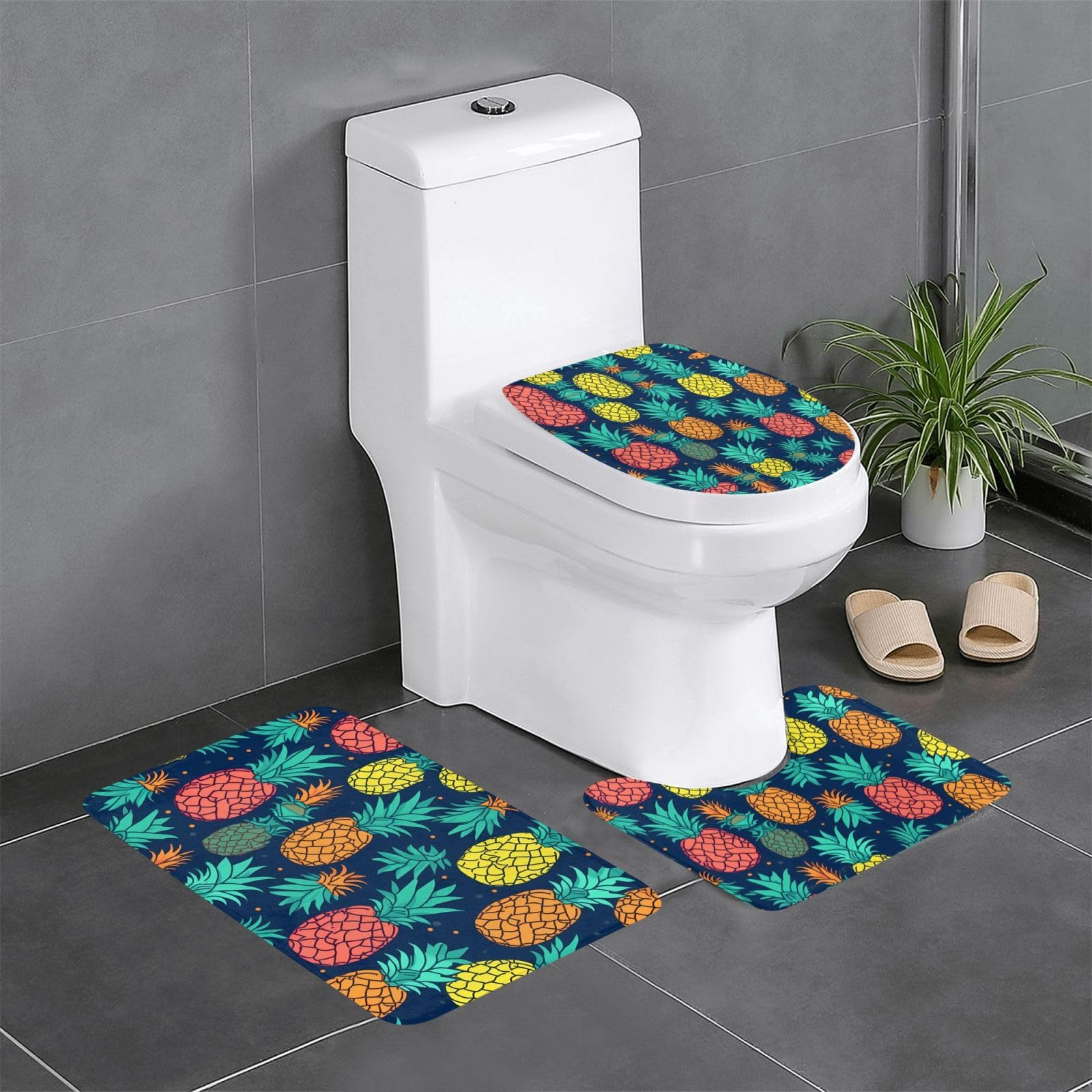 Tapis de salle de bain antidérapant lot de 3 tapis imprimés ananas colorés facile à nettoyer
