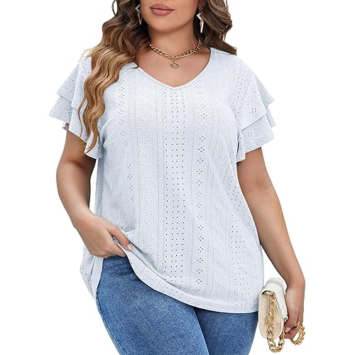 IN'VOLAND Womens Plus Size T Shirt V Neck Loose Fit Ruffle Sleeve Summer Hollow Casual Tops Blouse
