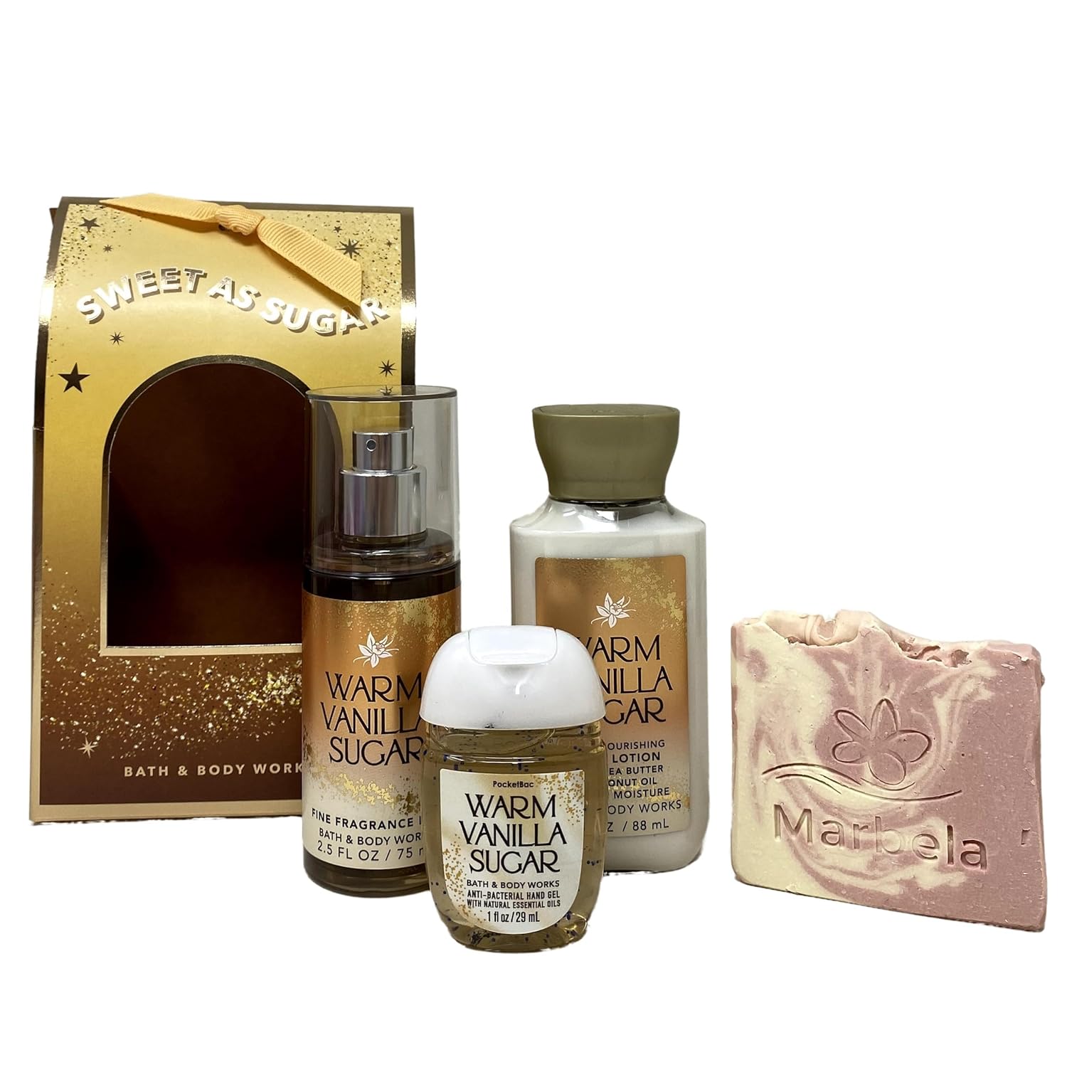 Bath & Body Works Warm Vanilla Sugar Sweet As Sugar - Mini Gift Set - with a Marbela Himalayan Salts Springs Sample Soap.