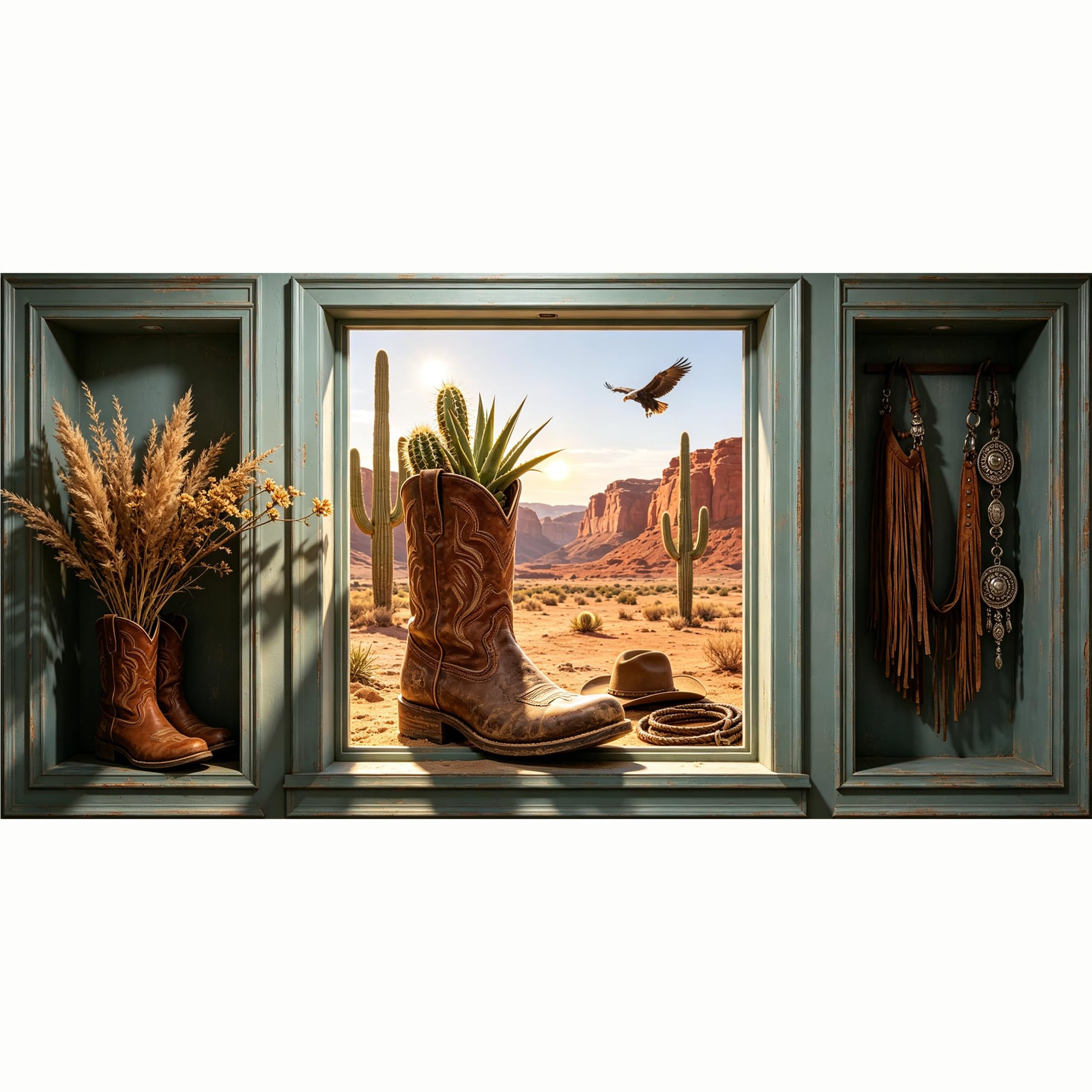 QZLITHOTIC 50x100cm 3D Framed Wall Art， Western Desert Cowboy Boot Cactus Landscape SelfAdhesive Mural， Water‑Activated Peel & Stick Fabric Decor Wall Decal for Bedroom Living Room