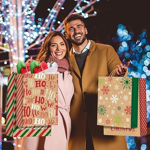 Miniatura 9 de 24 bolsas de regalo de Navidad surtidas con pañuelos, bolsas de papel kraft a granel con asas, 24 estilos para envolver regalos de Navidad, 6 jumbo,