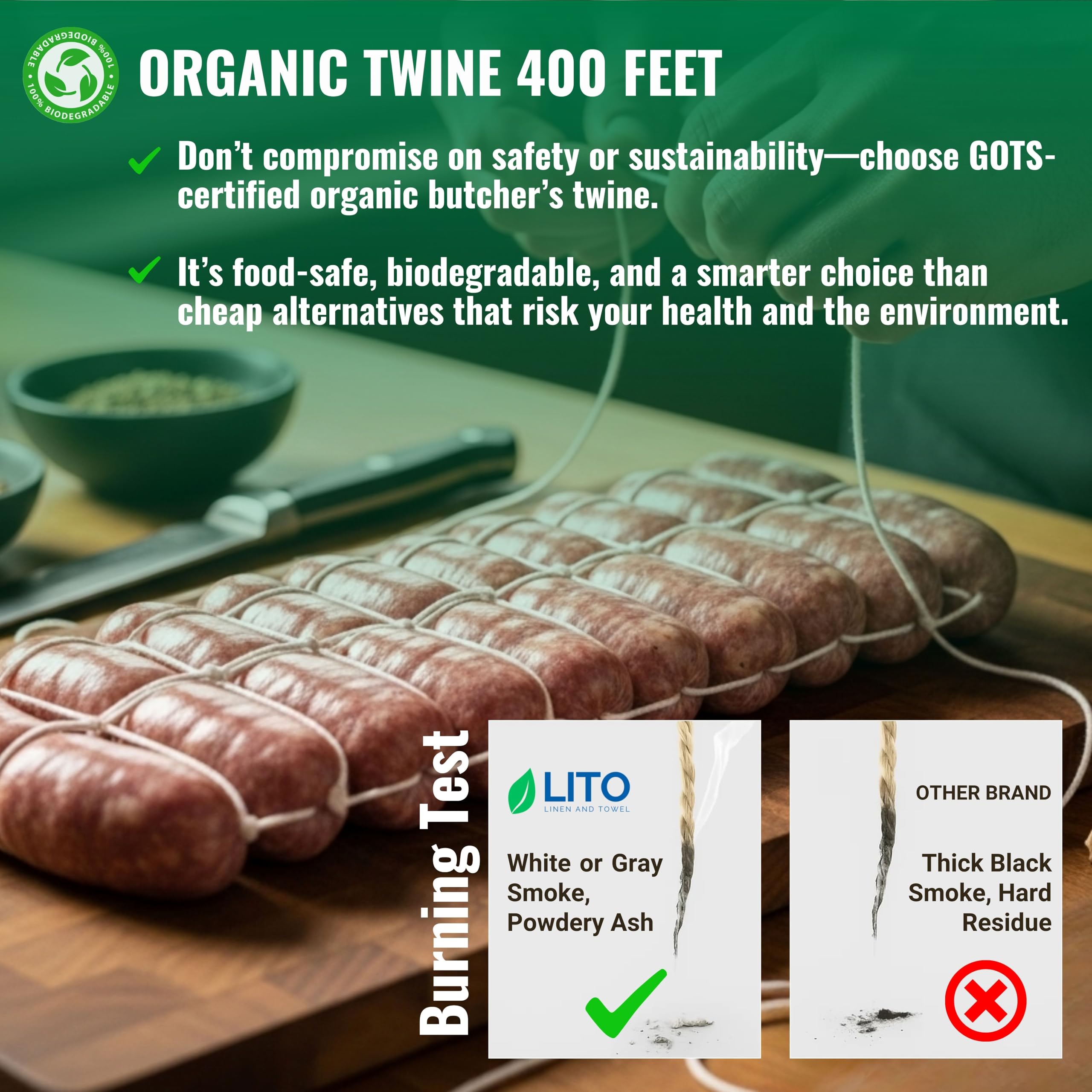 LITO LINEN AND TOWEL 100% Organic Cotton Twine Macrame Thread | Natural Cotton String for Cooking, Baking, Wrapping, Crafts, DIY Garden Decor & Gift Packaging (Natural, 11PLY- 200 FEET- Pack of 2) 2