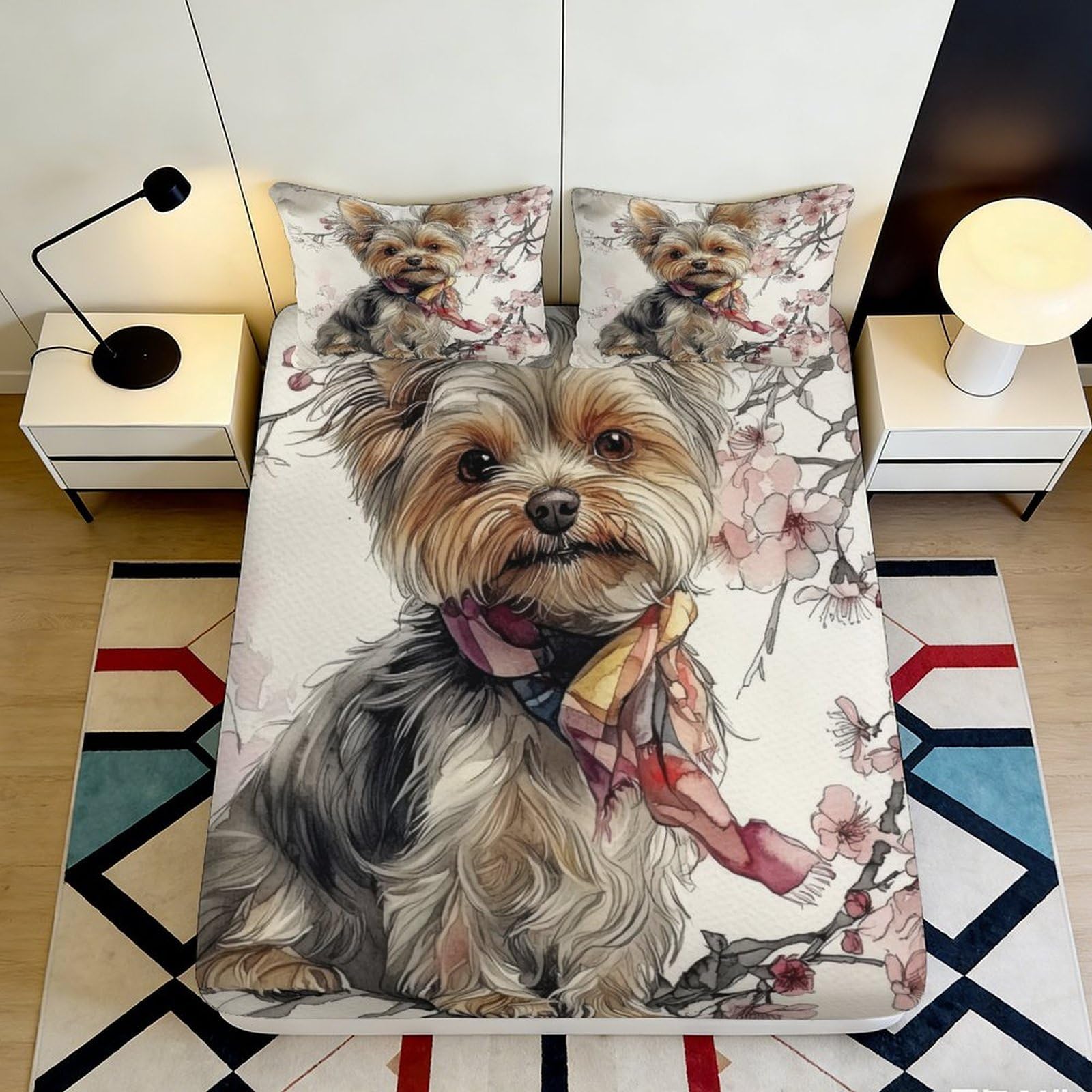 Pnayamiorkfel Style-1 3D Printed Yorkshire Terrier Blossom Fitted Sheet Microfiber Anti-Slip Bed Cover For Bedroom Guest Room Decor 90X200x25cm