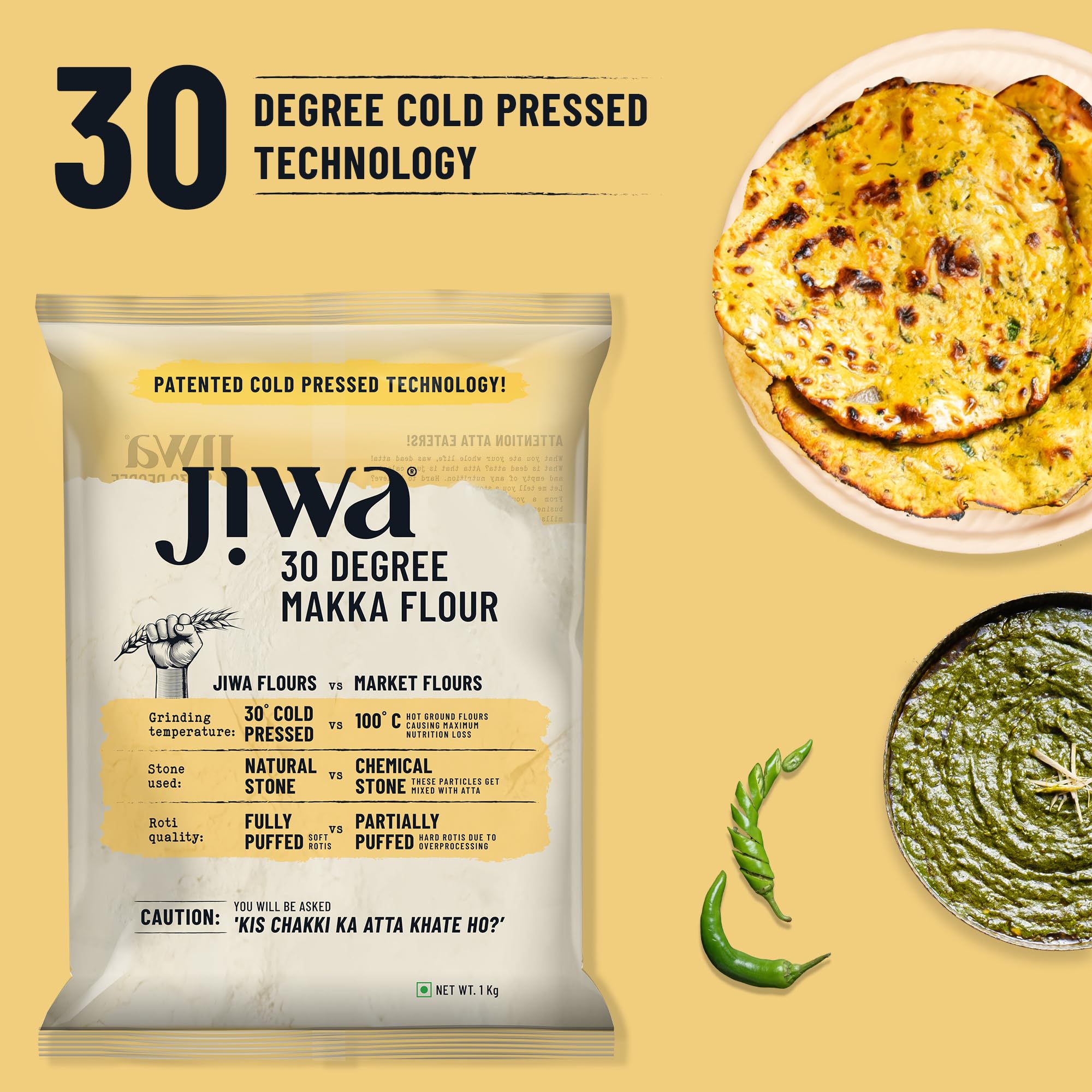 JIWA healthy by nature 30 Degree Makka Flour/Atta| Patented Cold Pressed Flour |Slow Ground | Makke Ka Atta| Corn Atta | Gluten Free | 1 kg - Image 3 thumbnail