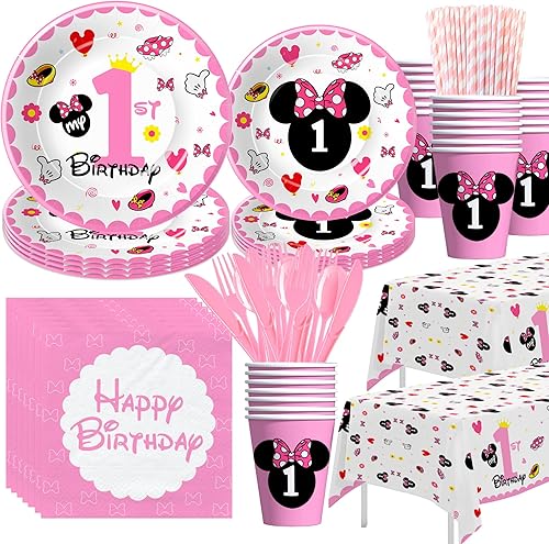 Suministros para fiesta de primer cumpleaños de Minnie Theme Mouse - Vajilla, plato, taza, servilleta, mantel, cubiertos, pajilla, suministros de