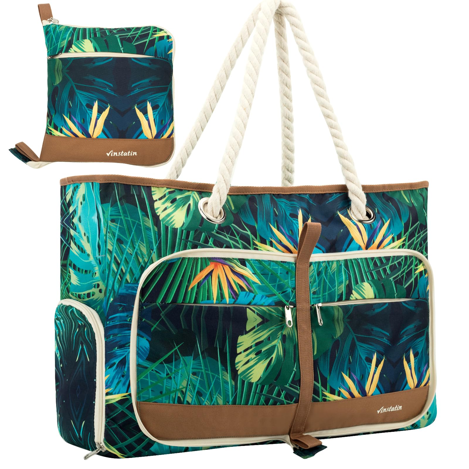 Vinstatin Bolso de Playa Grande para Mujer,Shopper Ligero y Versátil con Cremallera,Bolsa Impermeable para Natación,Bolso de Transporte,Tote Bag para Playa,Viajes y Familia