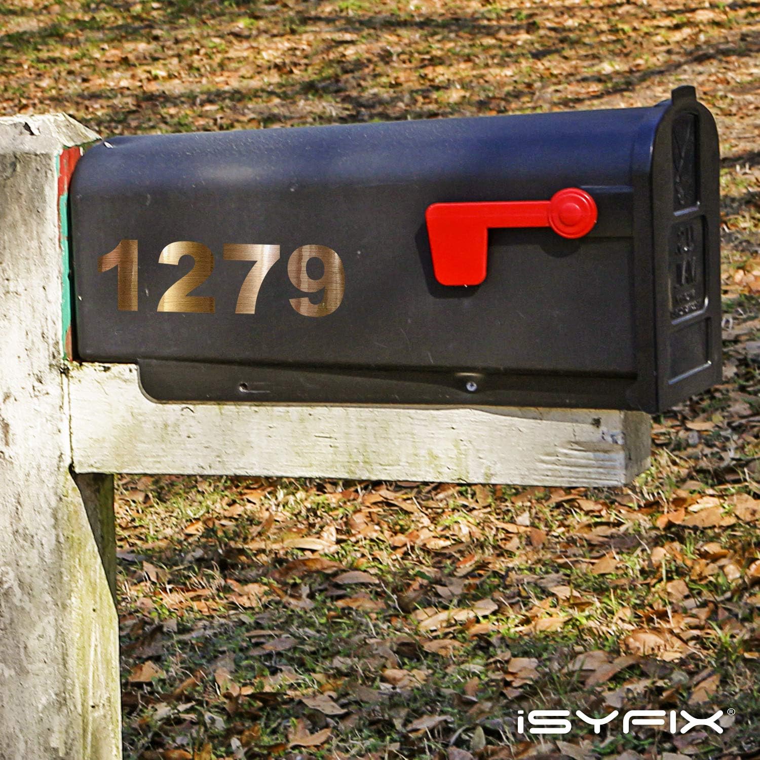 iSYFIX Gold Brushed Vinyl Numbers Stickers – 5 Inch Self Adhesive (2 Sets) Premium Decal Die Cut and PreSpaced for Mailbox, Signs, Window, Door, Cars, Trucks, Homes, Businesses, Address Numbers,