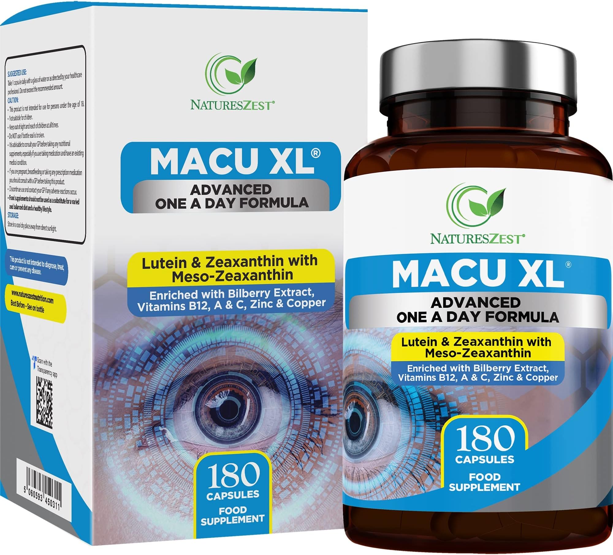 Macu XL - Lutein and Zeaxanthin Supplement - 6 Month Supply with Meso Zeaxanthin, Bilberry Extract, Vitamins A, B12 & Zinc, 180 Vegan Capsules - Eye Supplement for Vision Health – Eye Vitamins