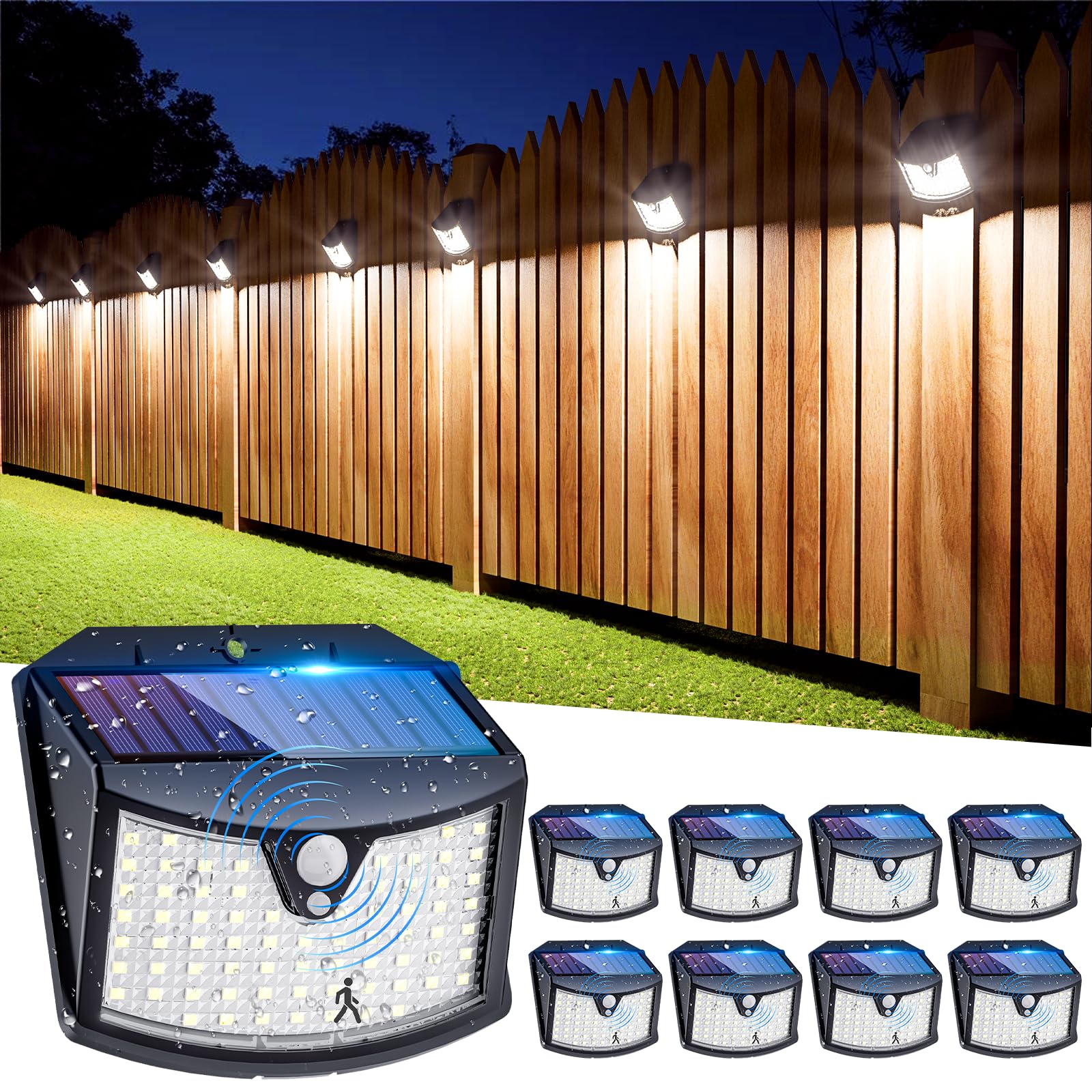 Faretto Led da Esterno Solare, 3 Modos Luci Solari da Giardino con Sensore di Movimento, IP65 Impermeabile Lampade Solari a Led da Esterno per Giardino, Parete, Garage, Davanti alla Porta (8 Pezzi)
